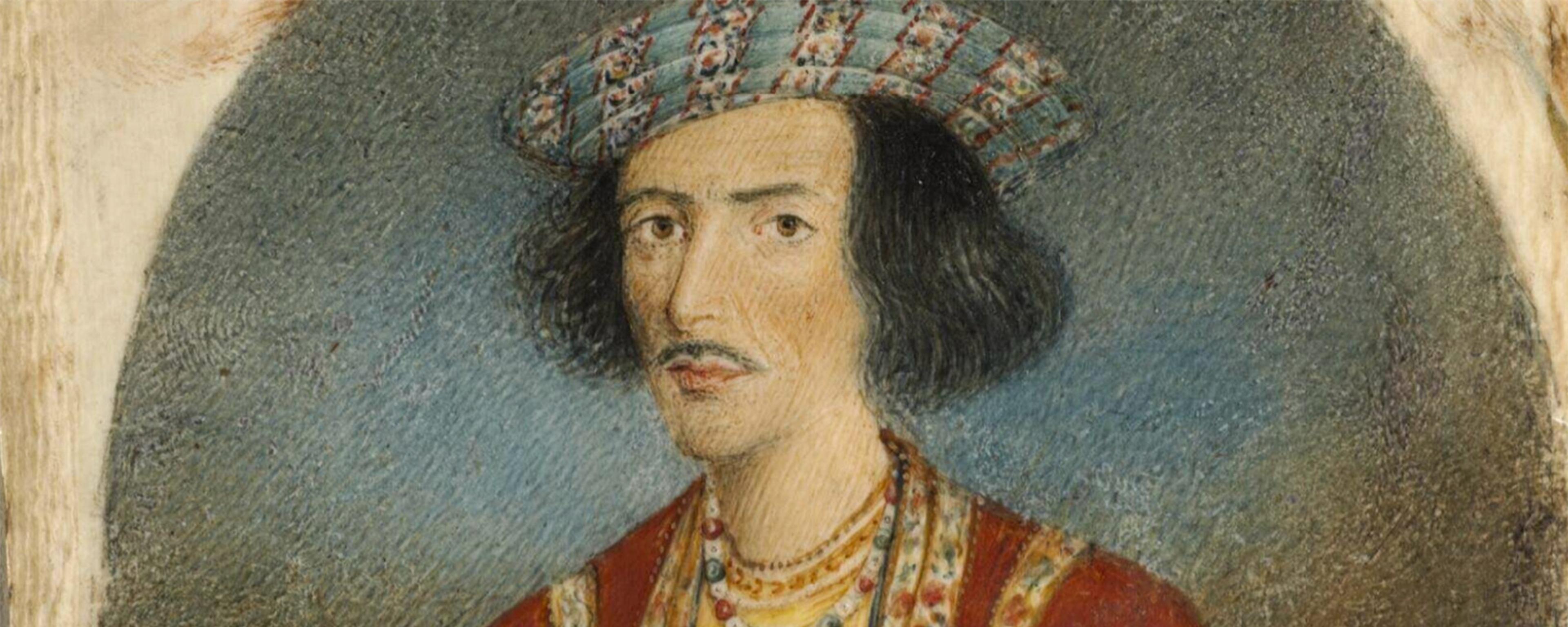 Painting of a historical figure in a red and gold outfit with a patterned hat set against a muted background.