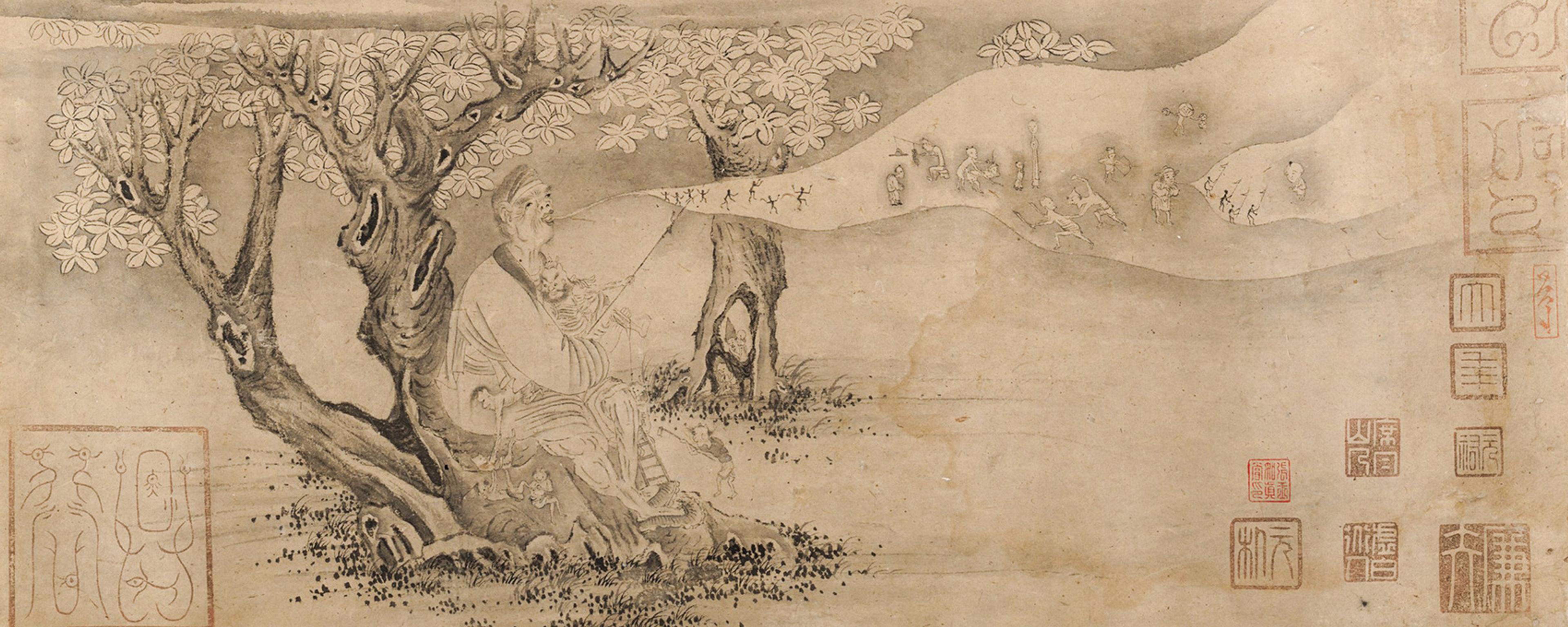 Ancient Chinese painting of a man under a tree with a trail of smoke coming from his mouth containing scenes of various figures, surrounded by miniature figures.
