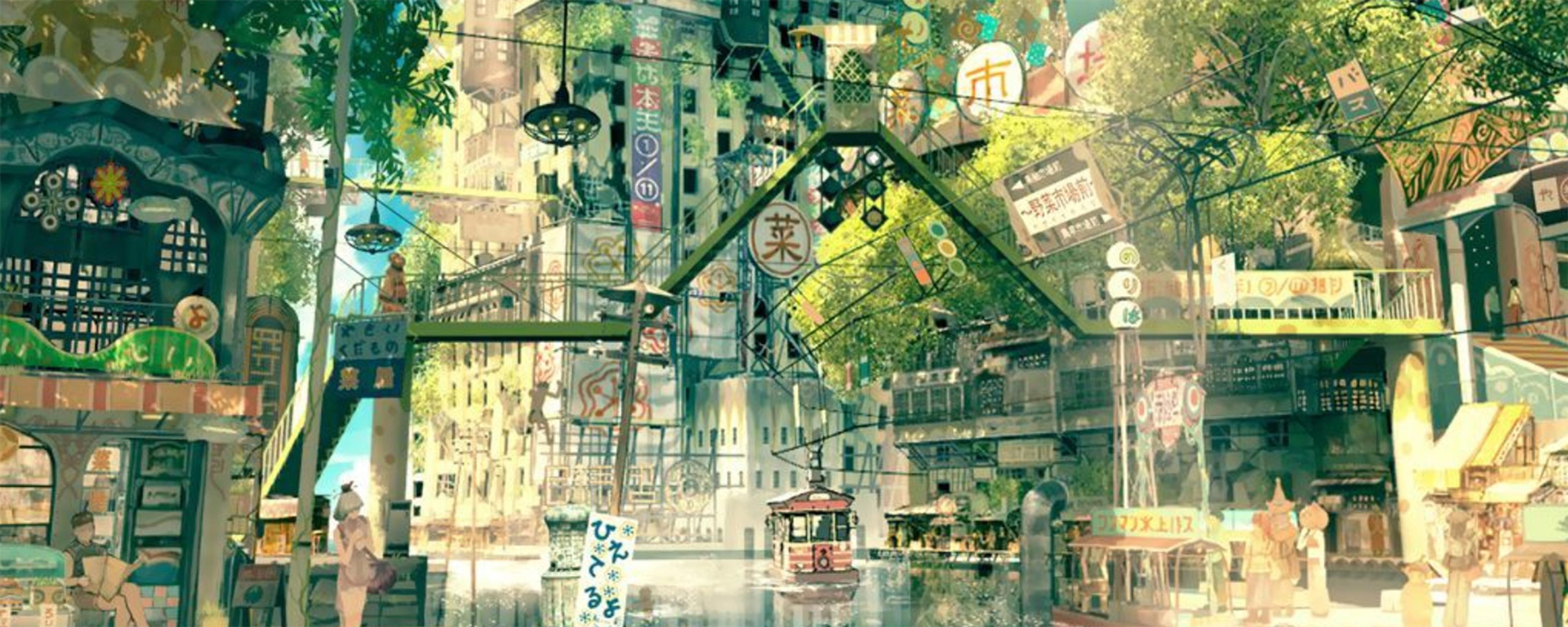Painting of a vibrant futuristic city with lush greenery, people and colourful signs, featuring advanced architecture and technology.