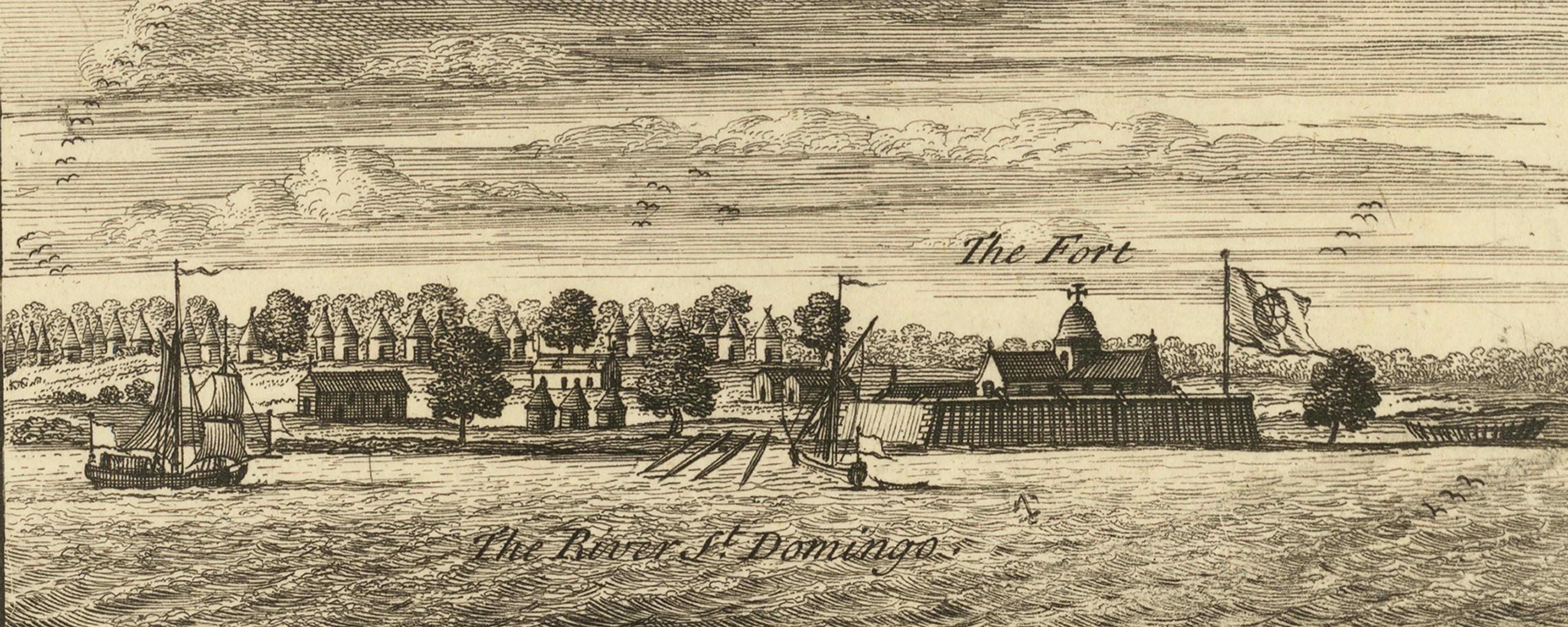 Engraving showing a view of the Portuguese town of Cacheo with a fort, trees and sailing ships on a river.