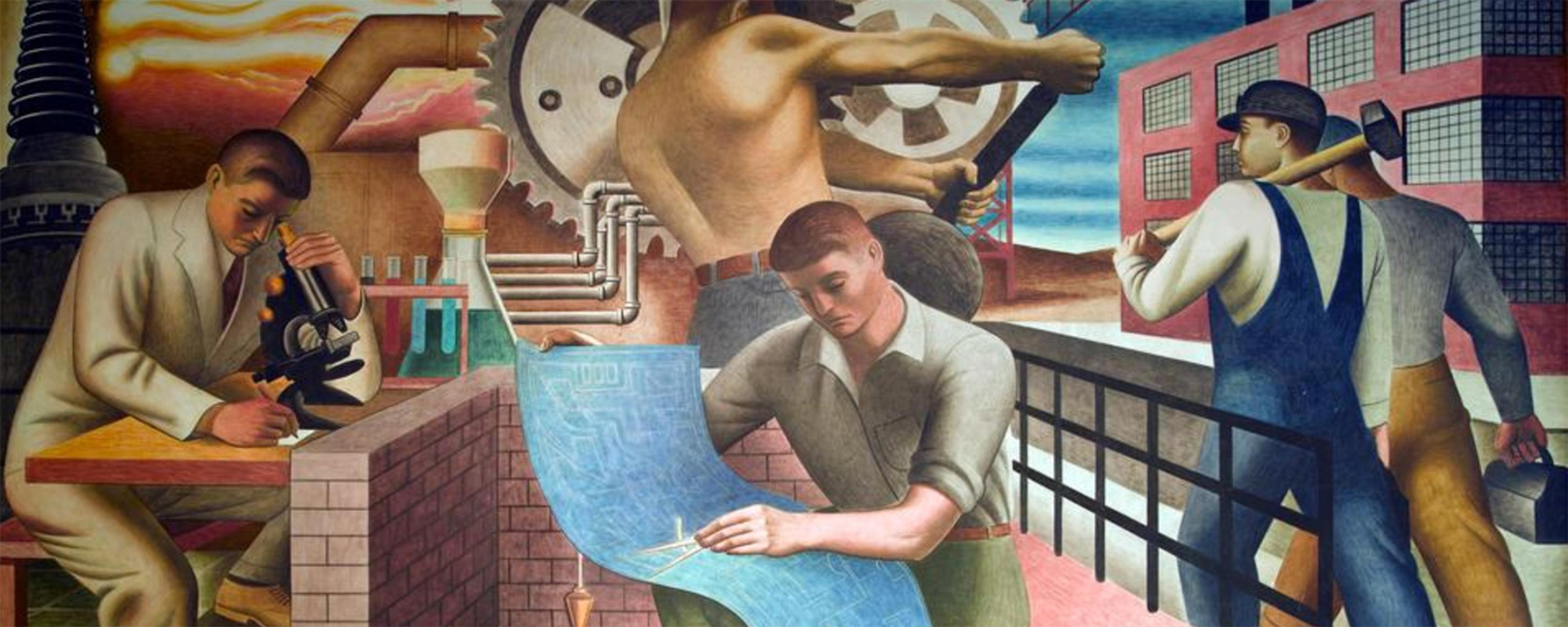 Painting of industrial workers and scientists performing tasks; includes gears, blueprints and factory elements.