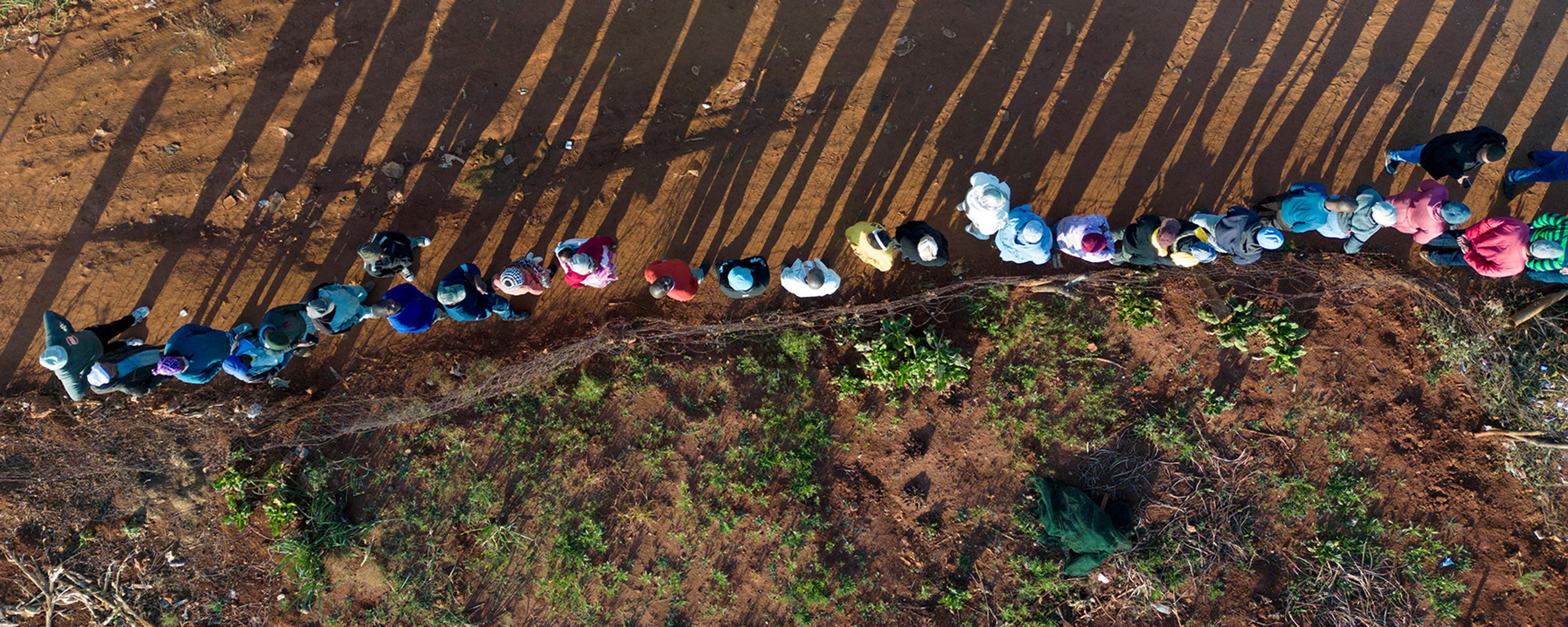 Aerial photo of people in colourful clothes standing in line casting long shadows on a dirt path surrounded by greenery.