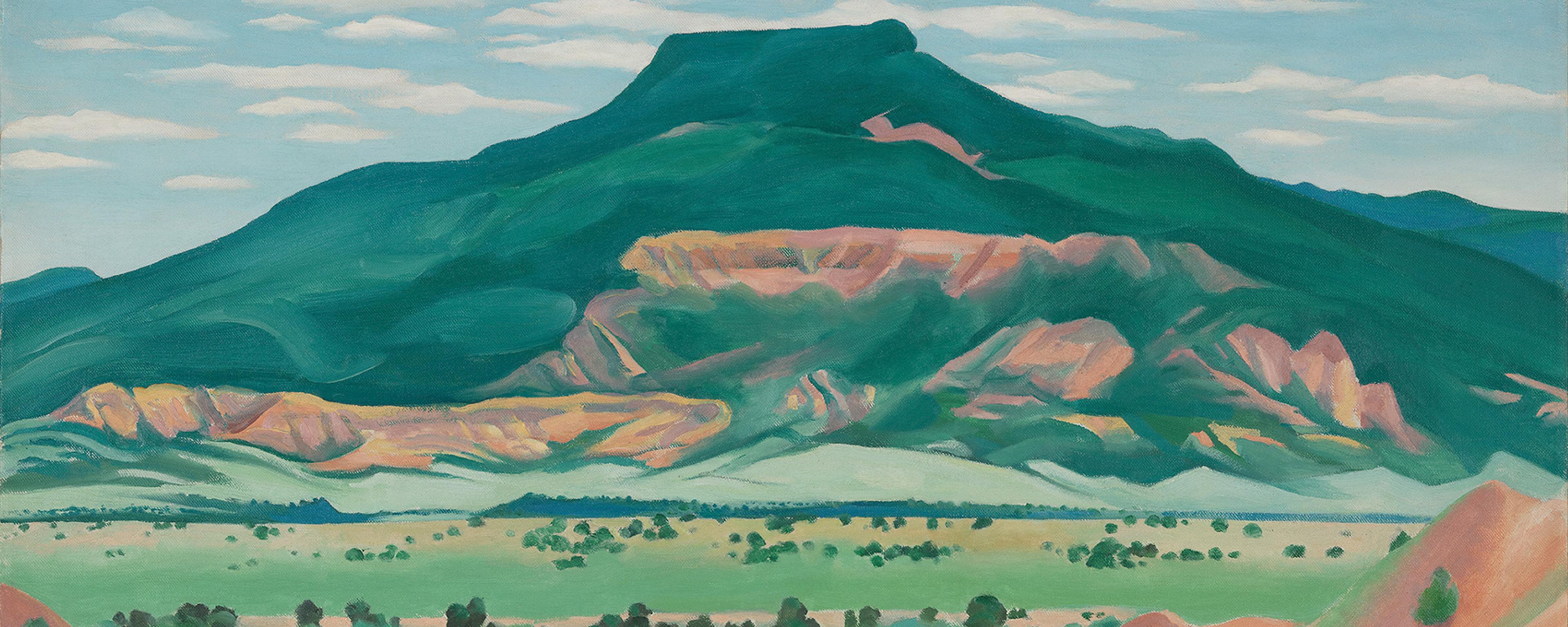 Painting of a green and pink landscape with a prominent flat-topped mountain and a cloudy sky in the background.