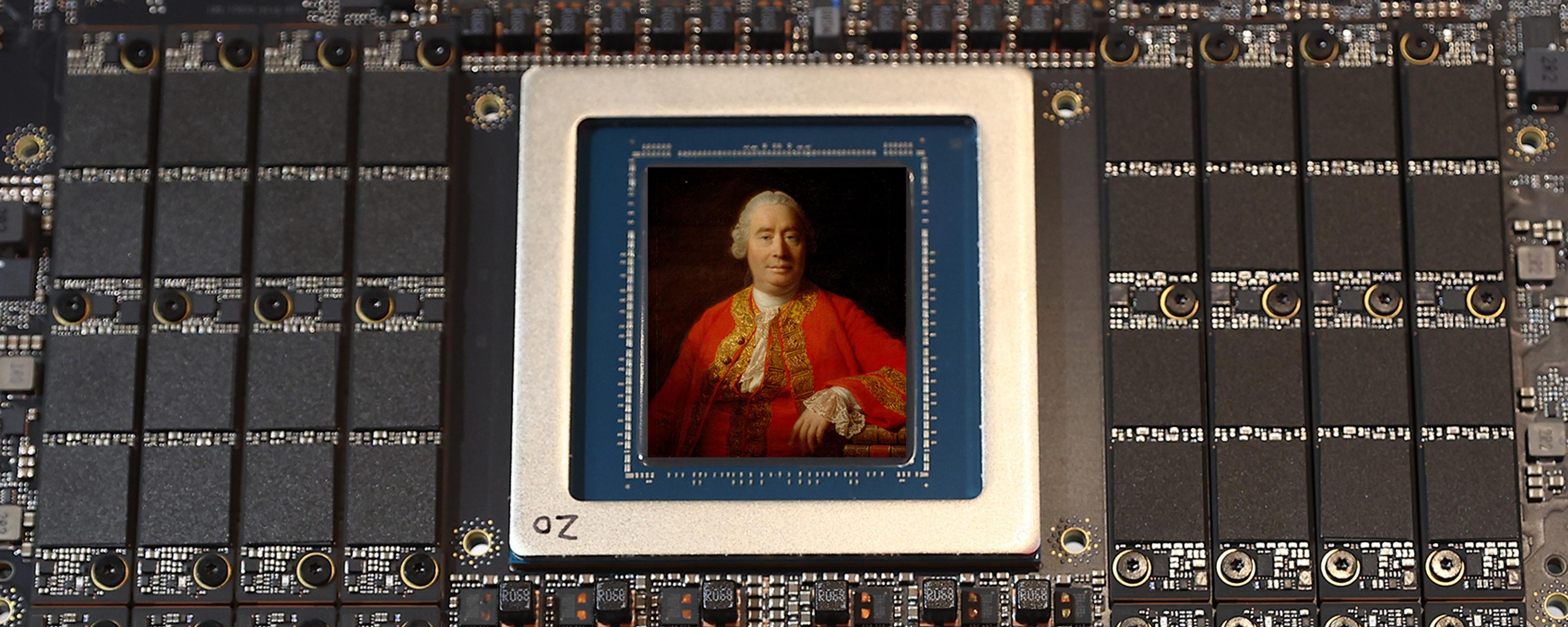 Close-up photo of a circuit board with two CPU-like components showing classical portraits instead of standard chips.