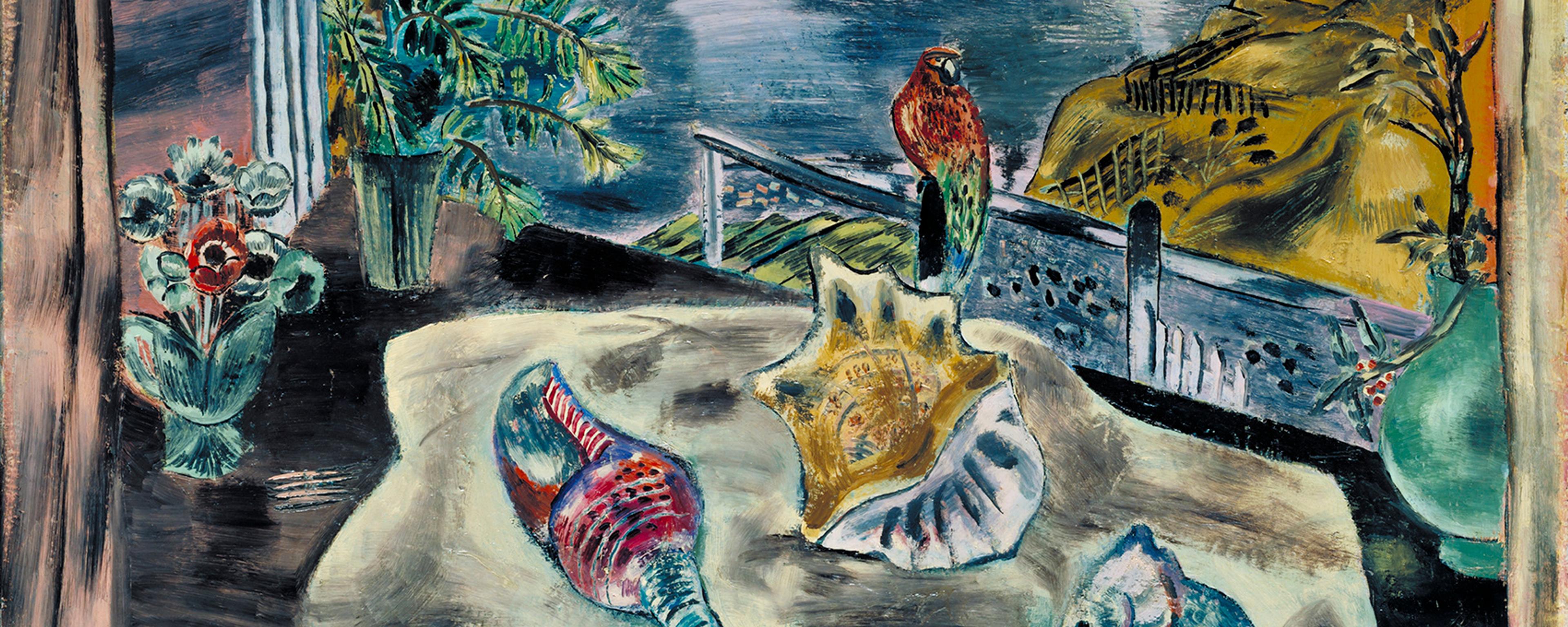 Painting of shells on a table with a floral vase a potted plant and a bird on a balcony overlooking water and cliffs.