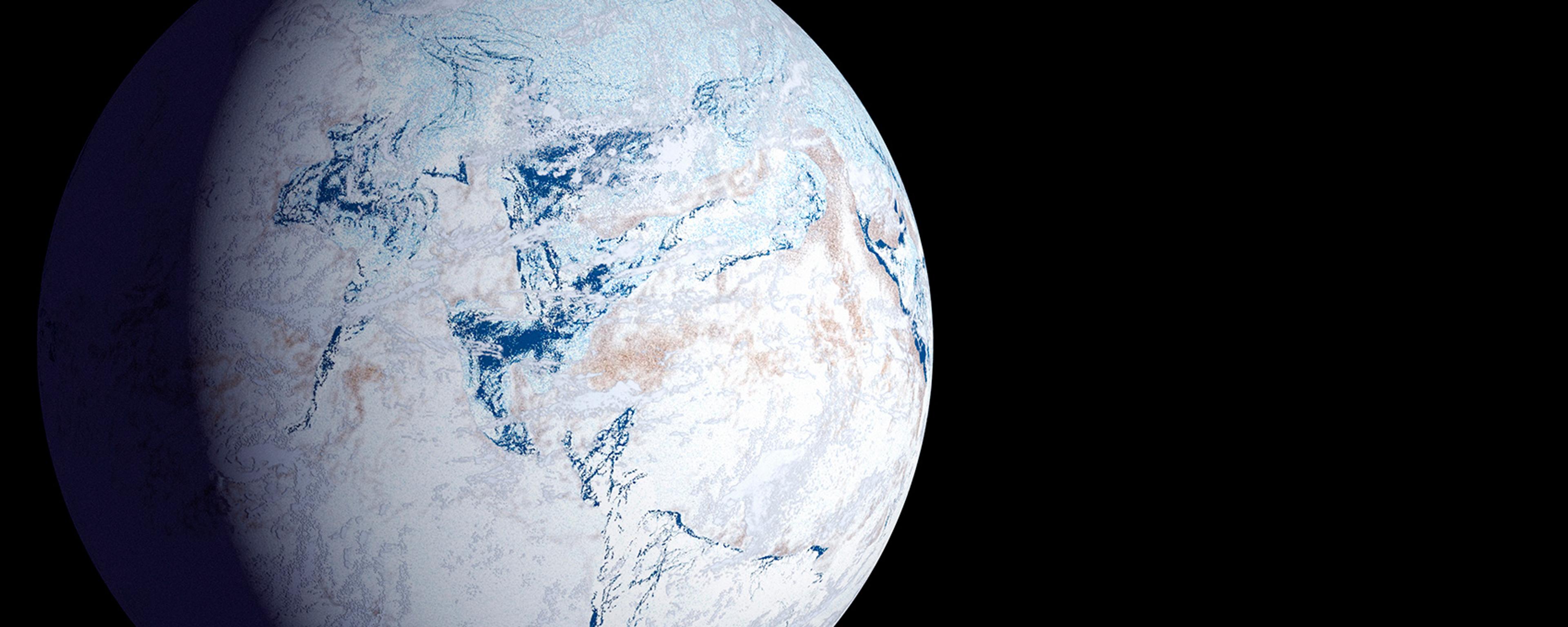 Image of a digitally rendered icy Earth-like planet in space with shadowed left side and visible landmasses.