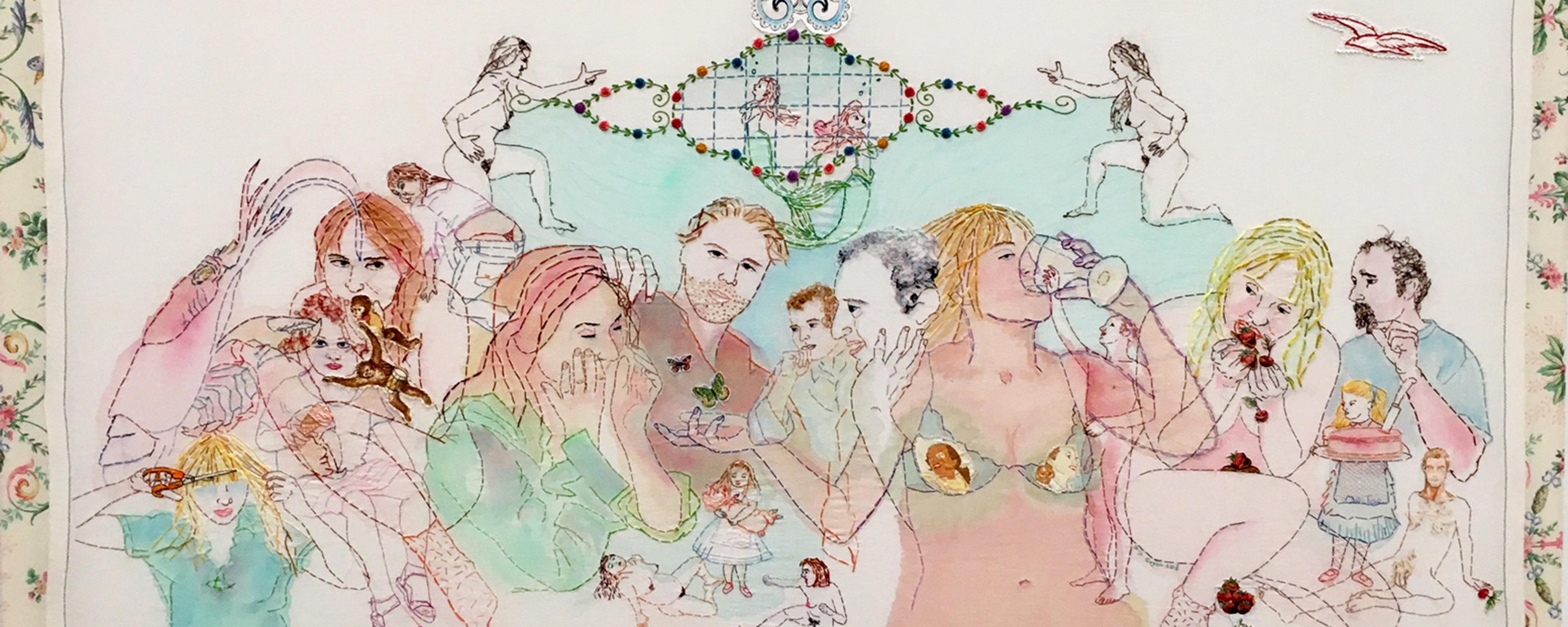 Colourful painting depicting a range of people eating, drinking and engaging in other activities, with floral patterns.