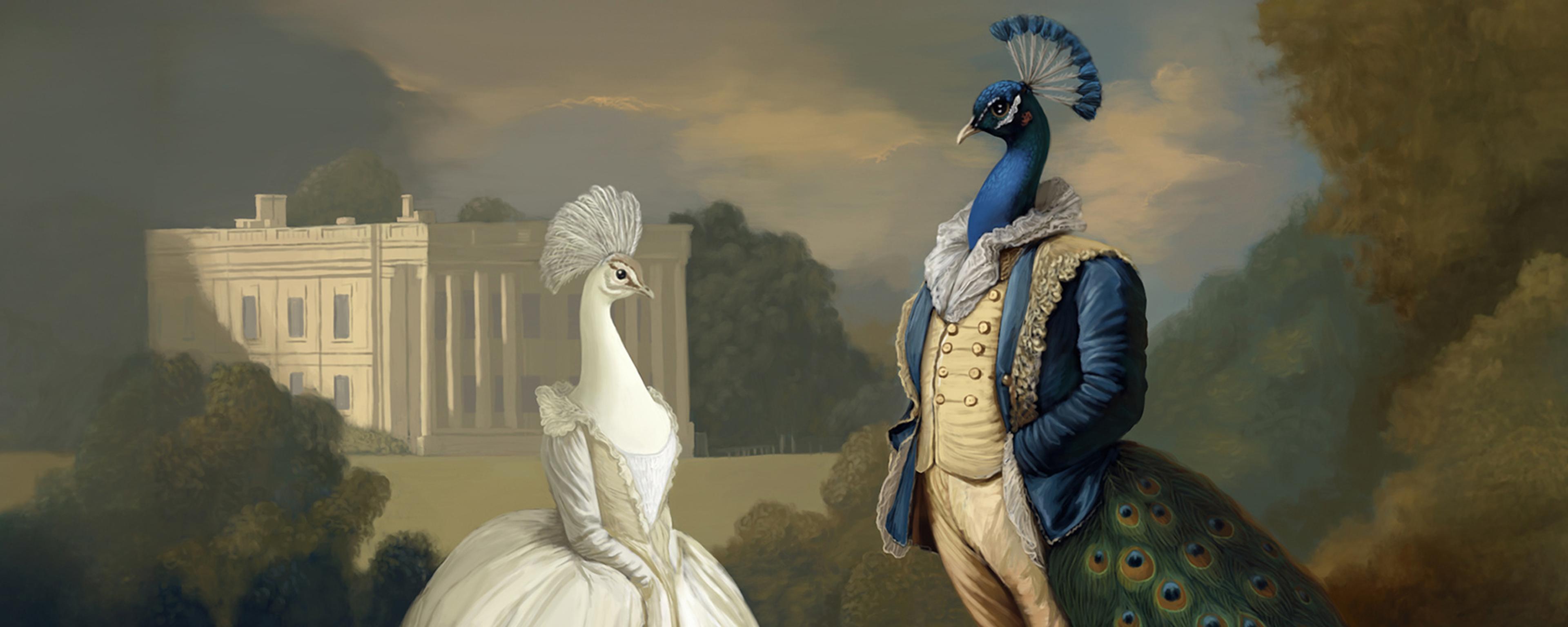 Painting of two anthropomorphic peacocks in 18th-century attire in front of a stately home surrounded by trees.