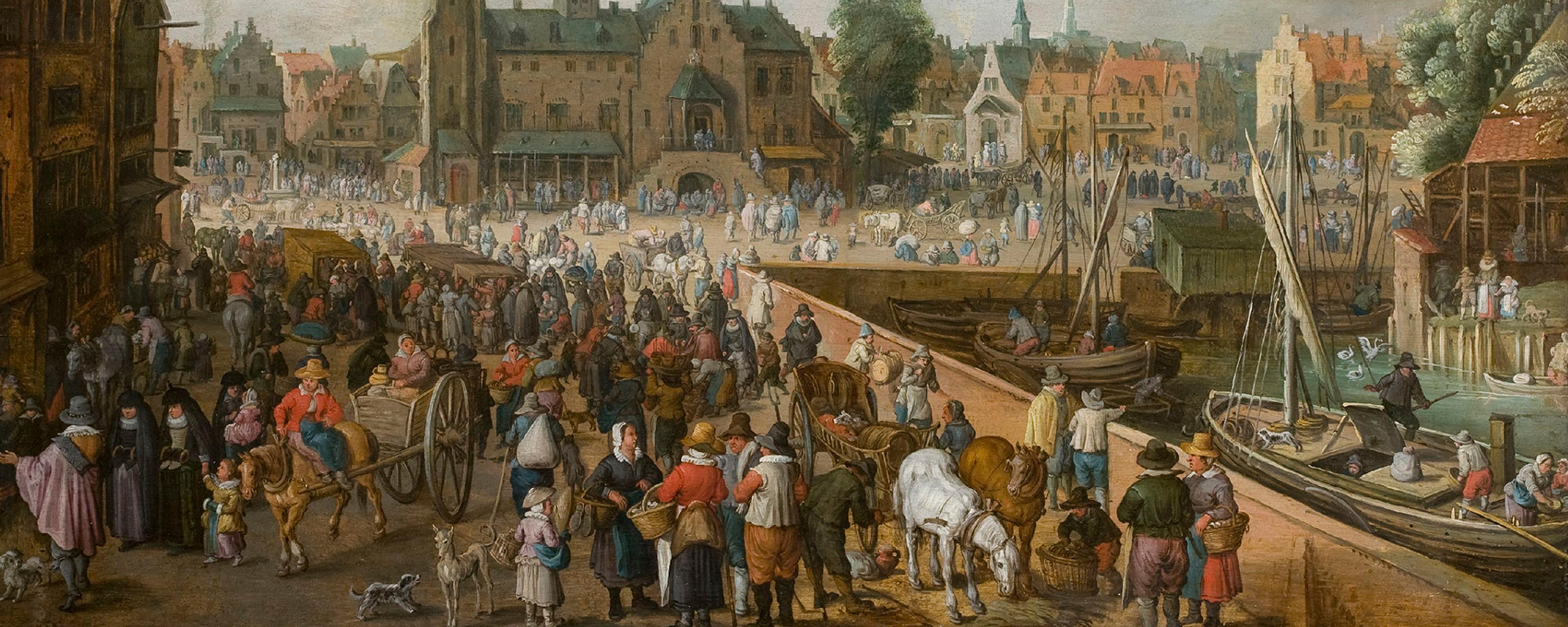 Painting of a bustling 17th-century market square with people, horses and a church, surrounded by historic buildings and boats on a waterway.