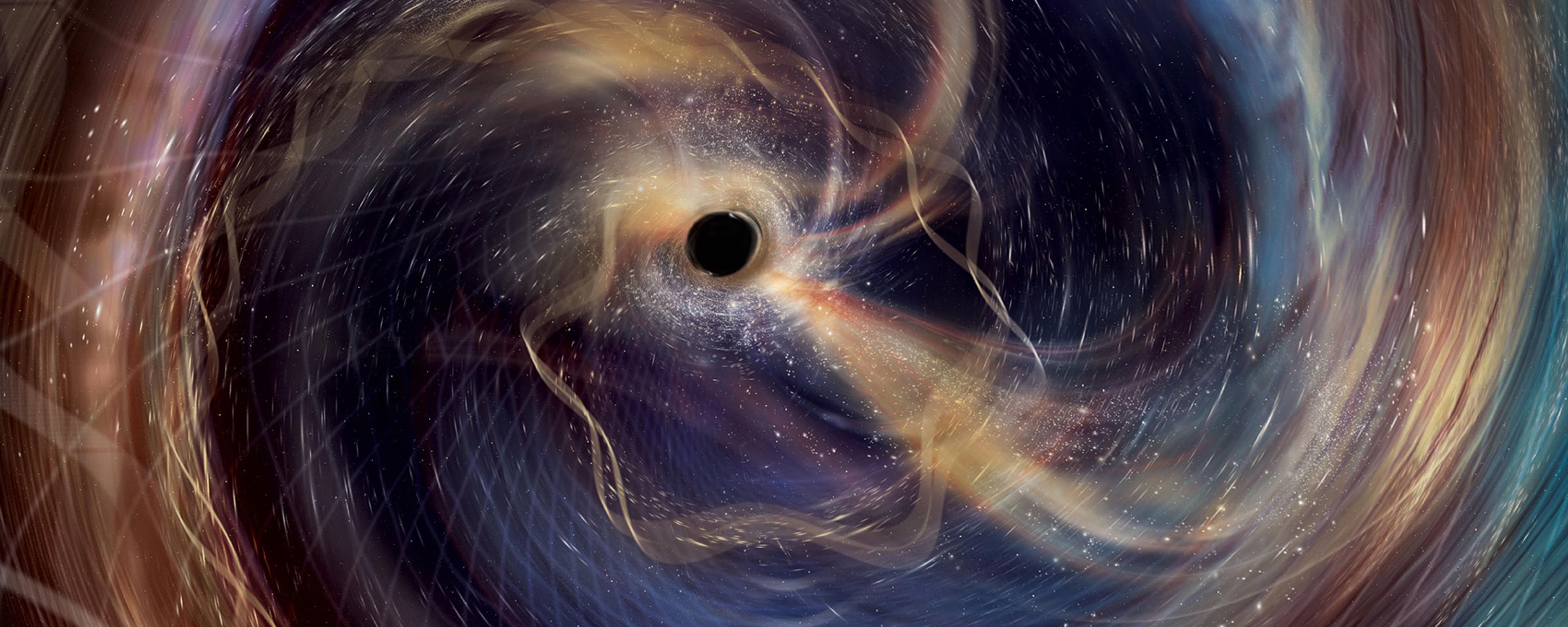Abstract painting of a swirling black hole in space with colourful cosmic dust and light patterns.