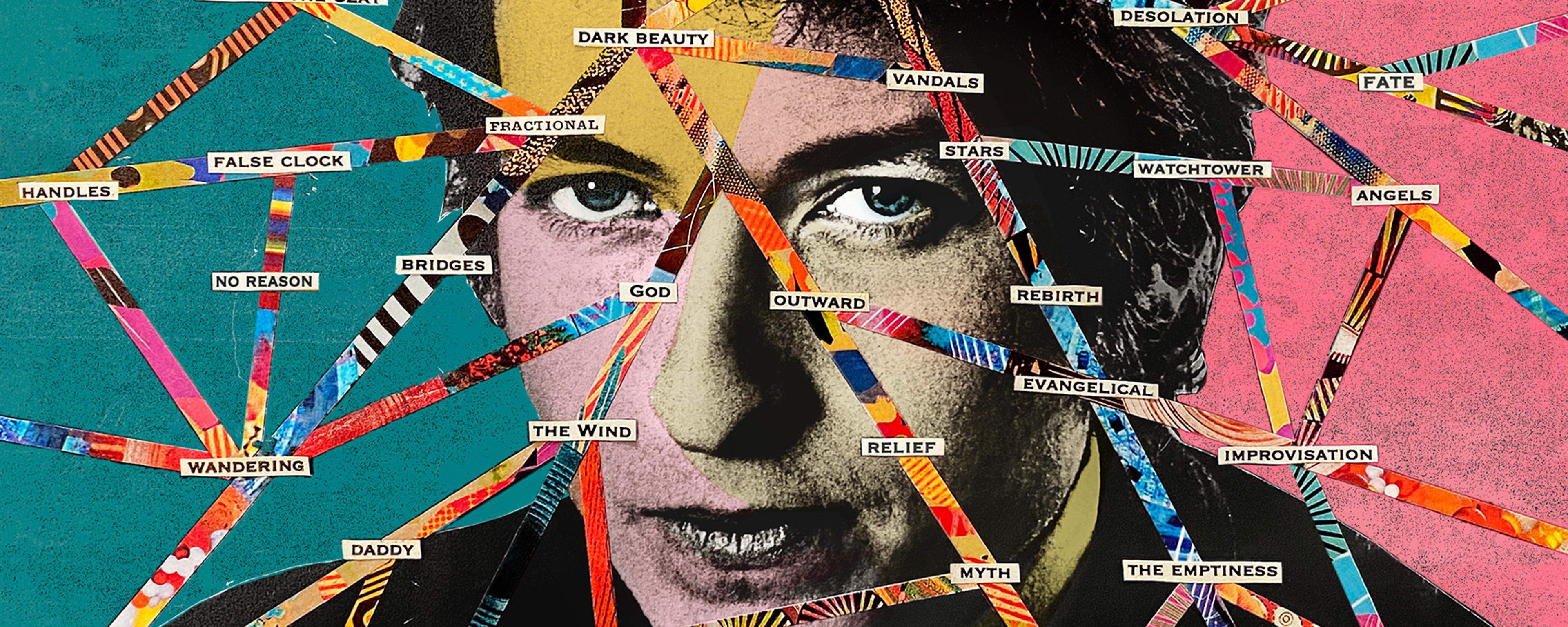 Collage art of a man’s face with colourful lines and words on a vibrant pink and teal background.