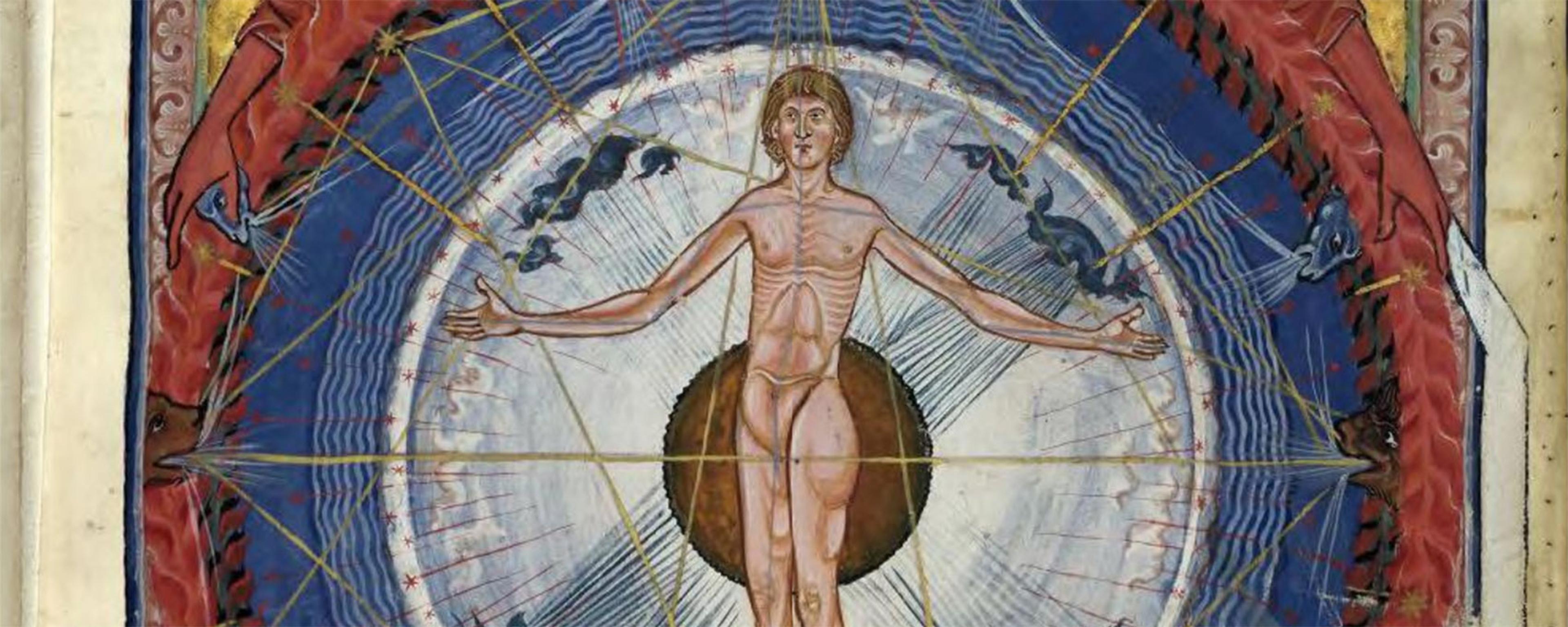 Medieval painting of a man in a cosmic circle with zodiac symbols surrounded by blue and red patterns.