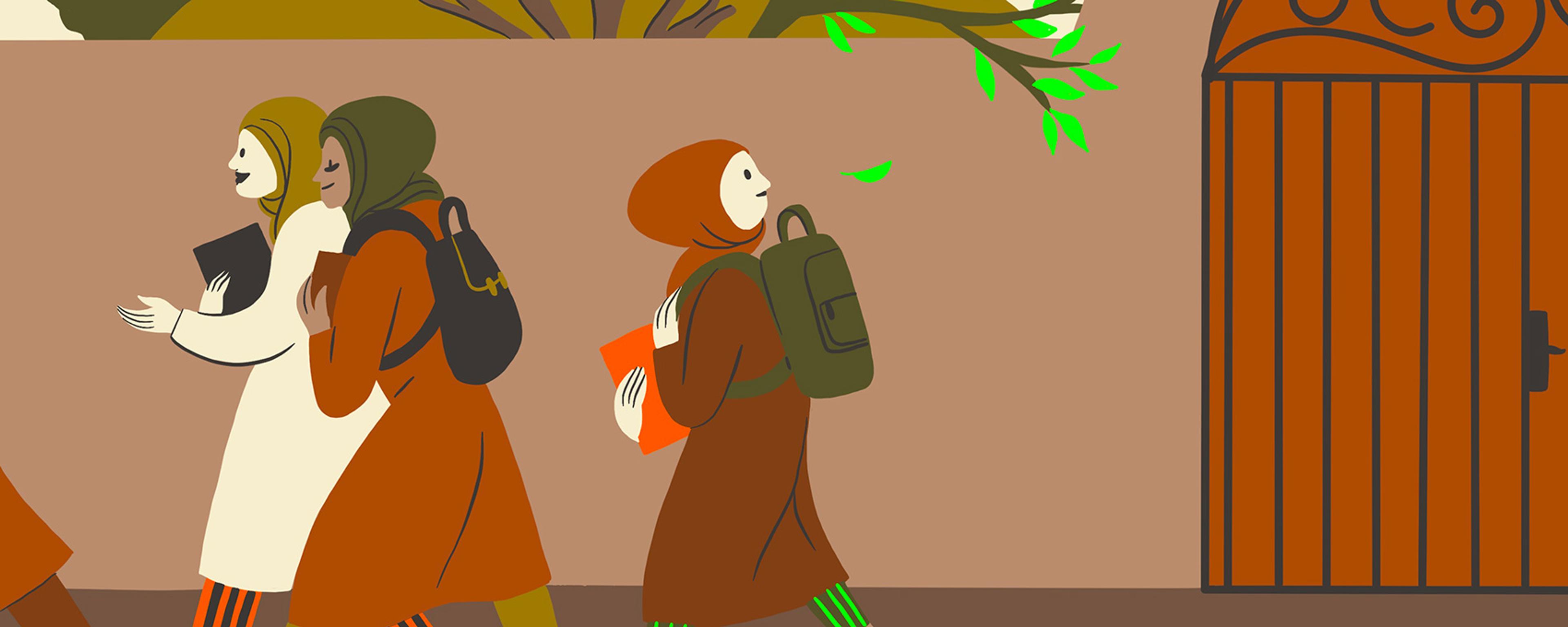 Illustration of three people wearing headscarves walking along a wall carrying books and backpacks with trees and a decorative gate in the background.