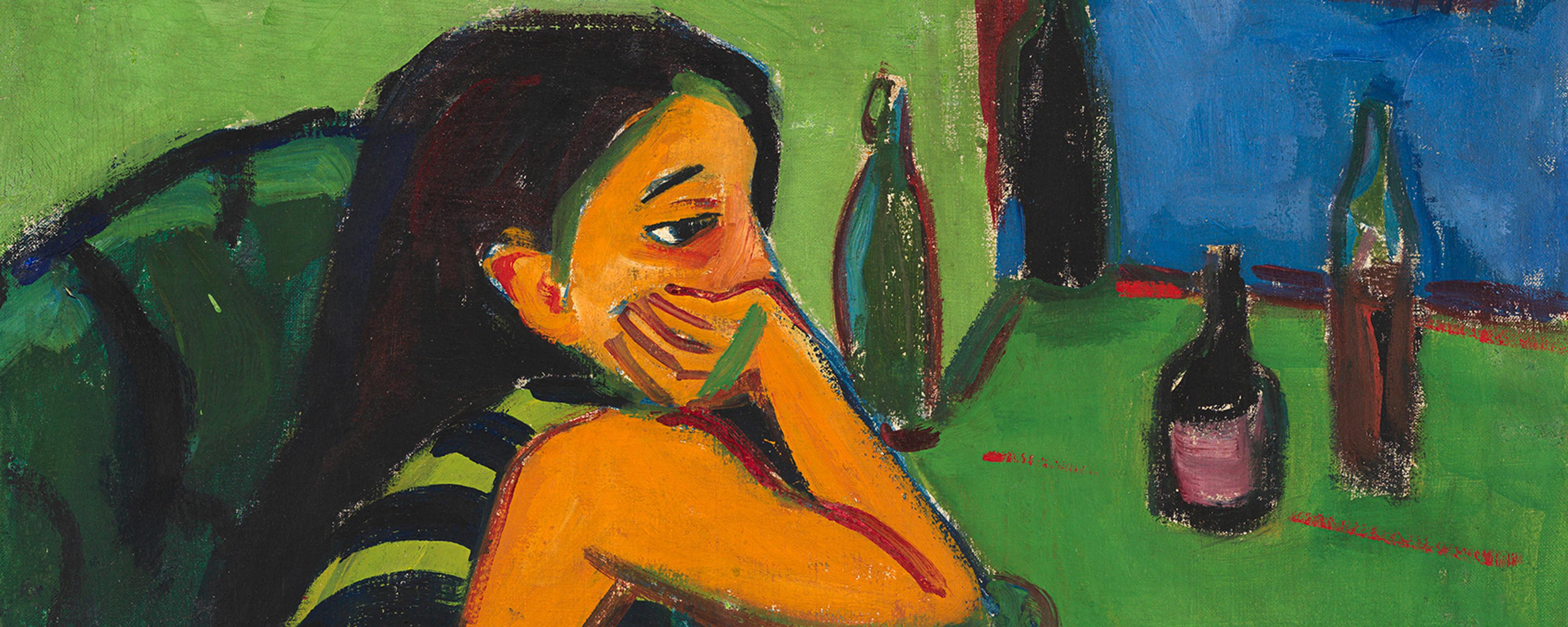 Painting of a person in a striped dress, resting their head on their hand, sitting next to a table with bottles, and a green background.