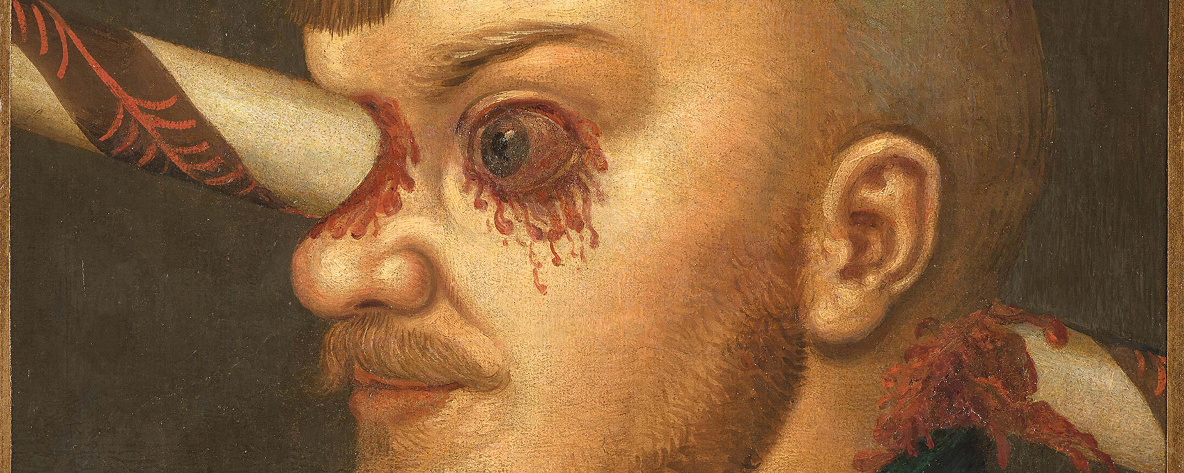 Painting of a man with a spear through his eye and head, showing a surreal and dramatic portrayal with detailed features.