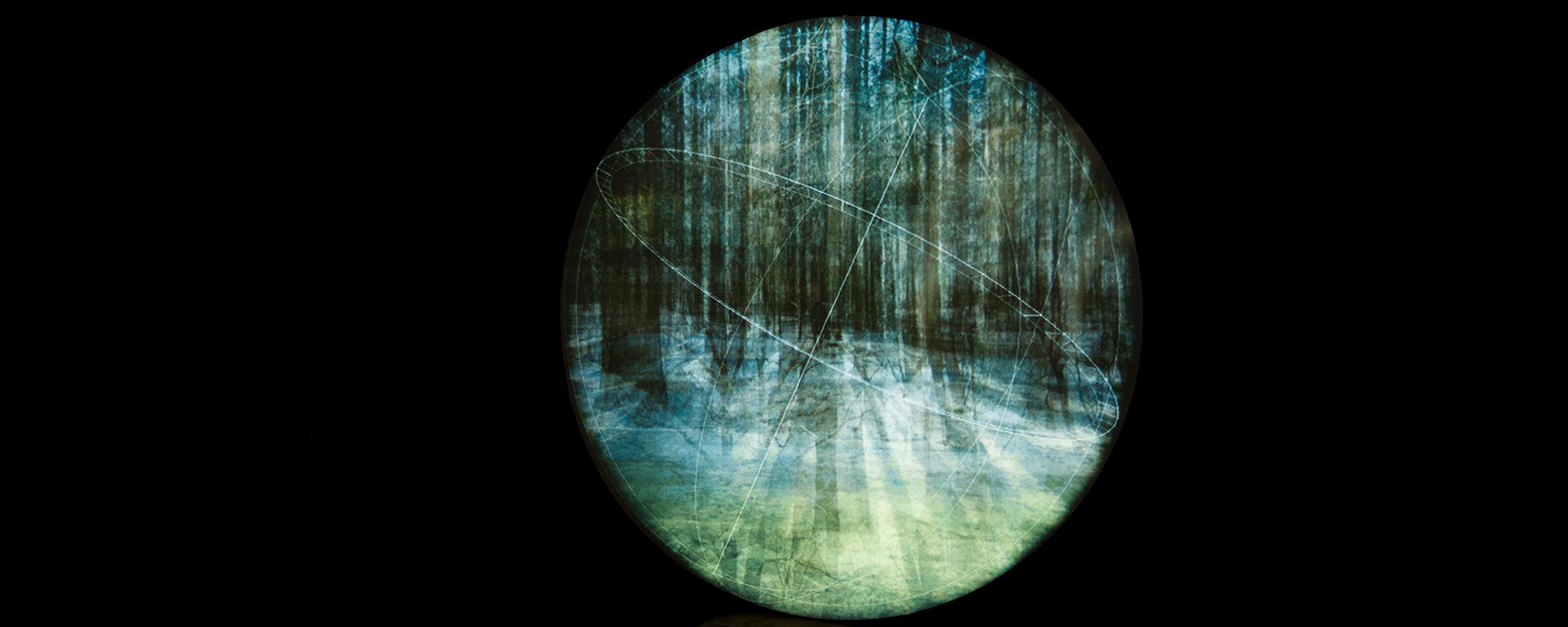 Digital artwork of a forest inside a circular frame with geometric lines, displayed against a black background.