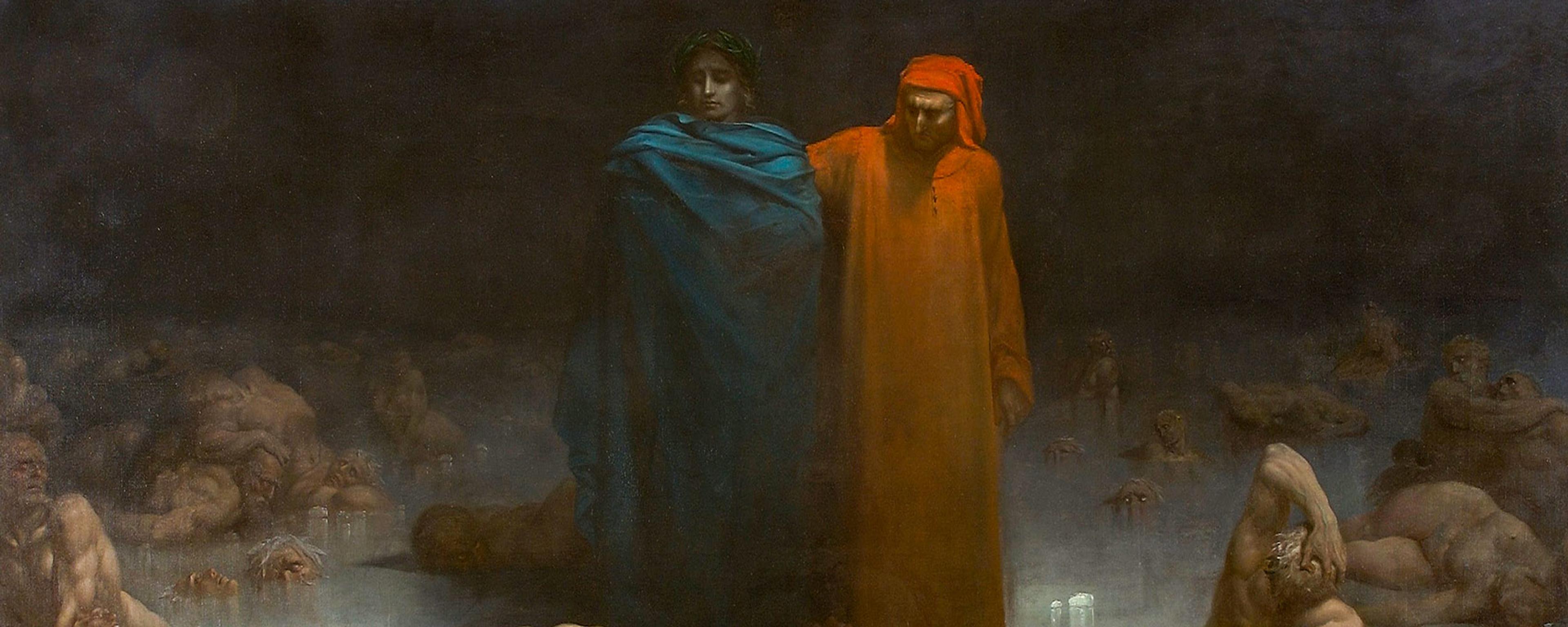 Two figures in flowing robes standing amidst partially submerged bodies in a dark, eerie landscape.