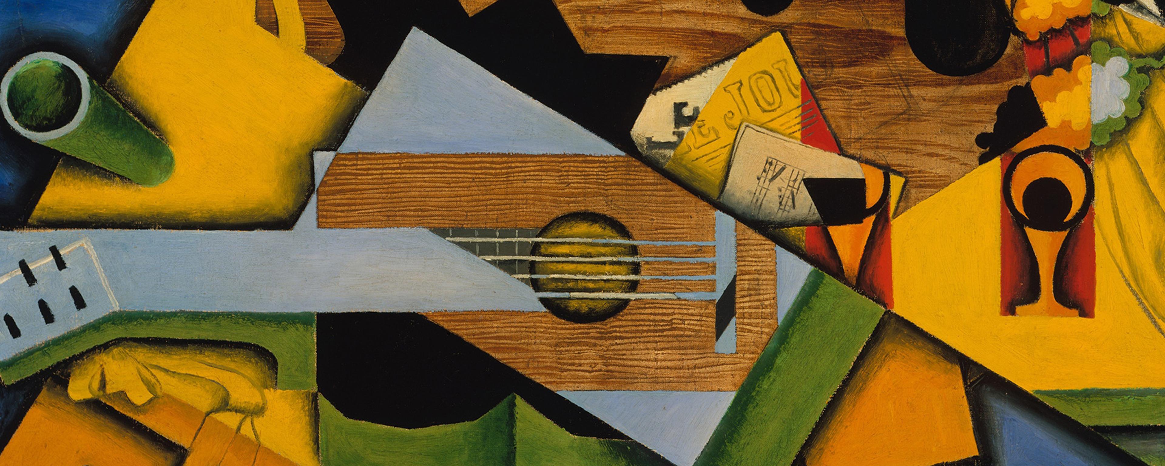 Abstract painting with a guitar and geometric shapes in vibrant colours including yellow, green and blue.