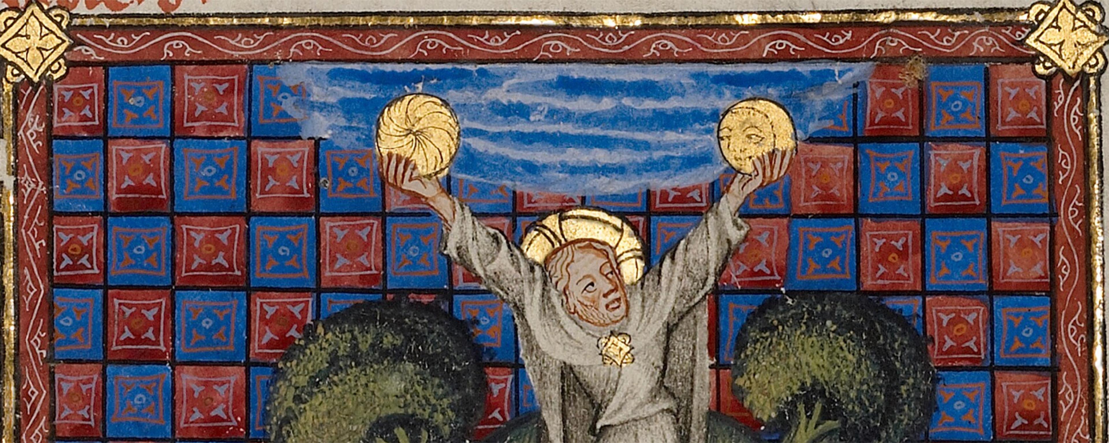 Medieval painting of a figure in a robe holding two golden discs with a patterned blue and red background.