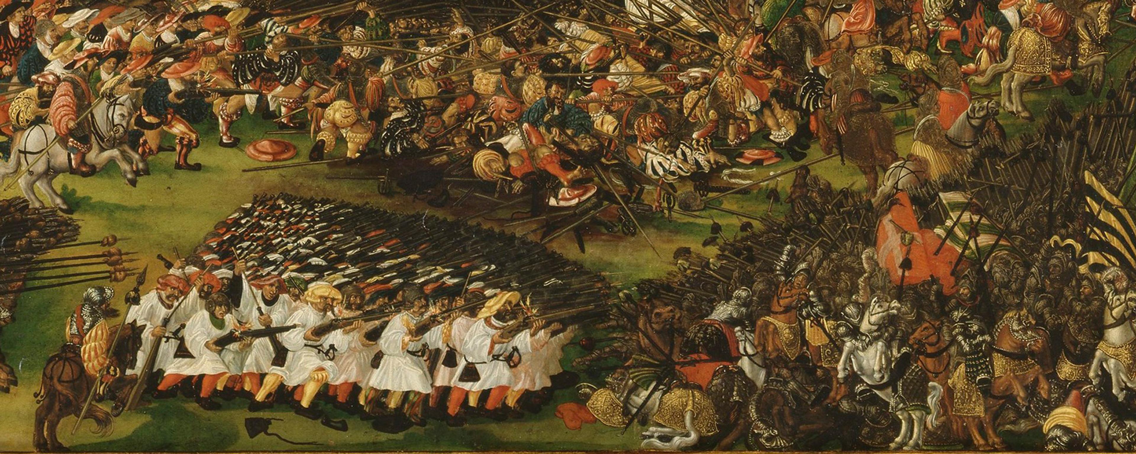 A detailed painting of a historic battle scene with soldiers, horses and weapons in action, featuring vibrant colours and intricate detail.
