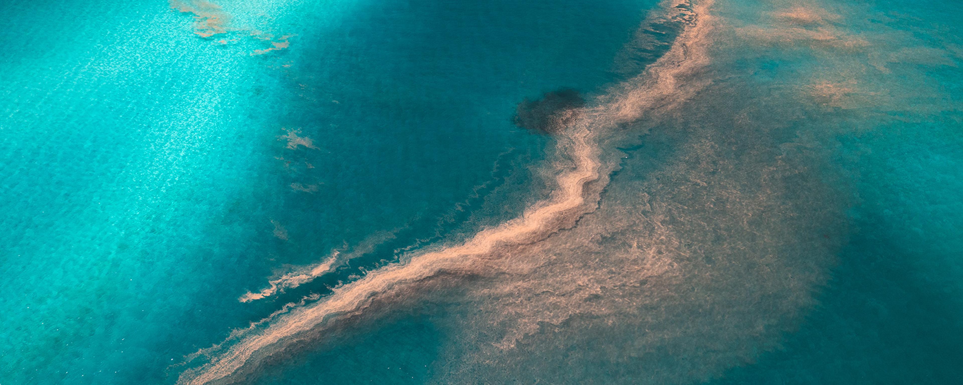 Aerial photo of turquoise ocean with a sinuous sand-coloured formation running diagonally, creating a striking contrast.