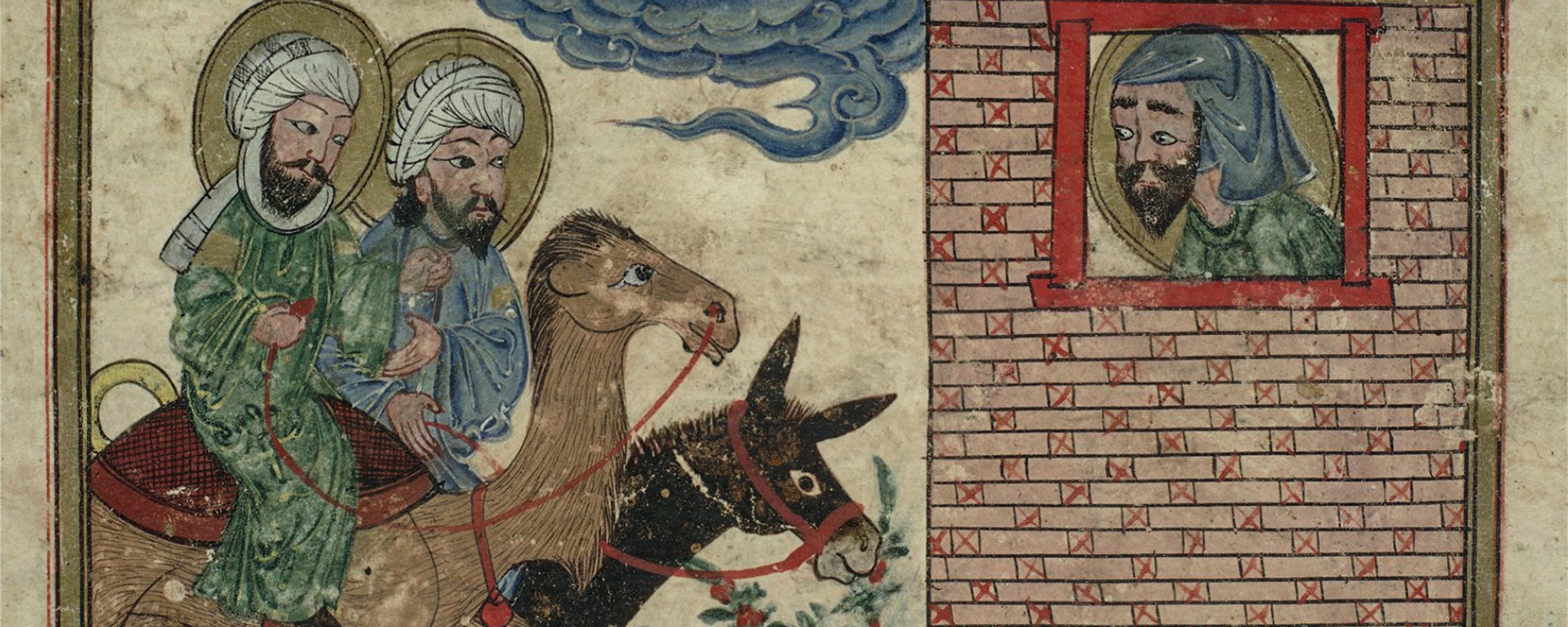 Medieval painting of two men riding a donkey, a man is in a window, script beneath, with decorative clouds overhead.