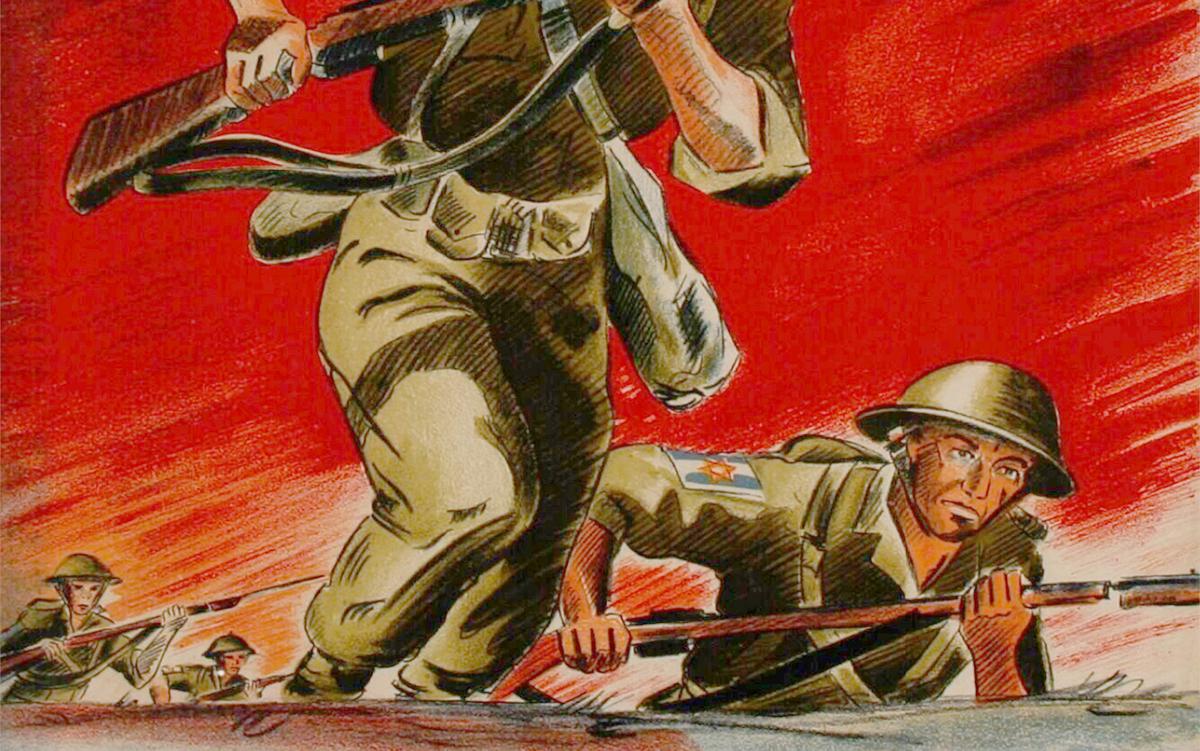 Illustration of soldiers in action, with one leading the charge and another crawling forward. Both wear military uniforms with helmets and carry rifles. The background is a vibrant red, enhancing the sense of urgency and movement.