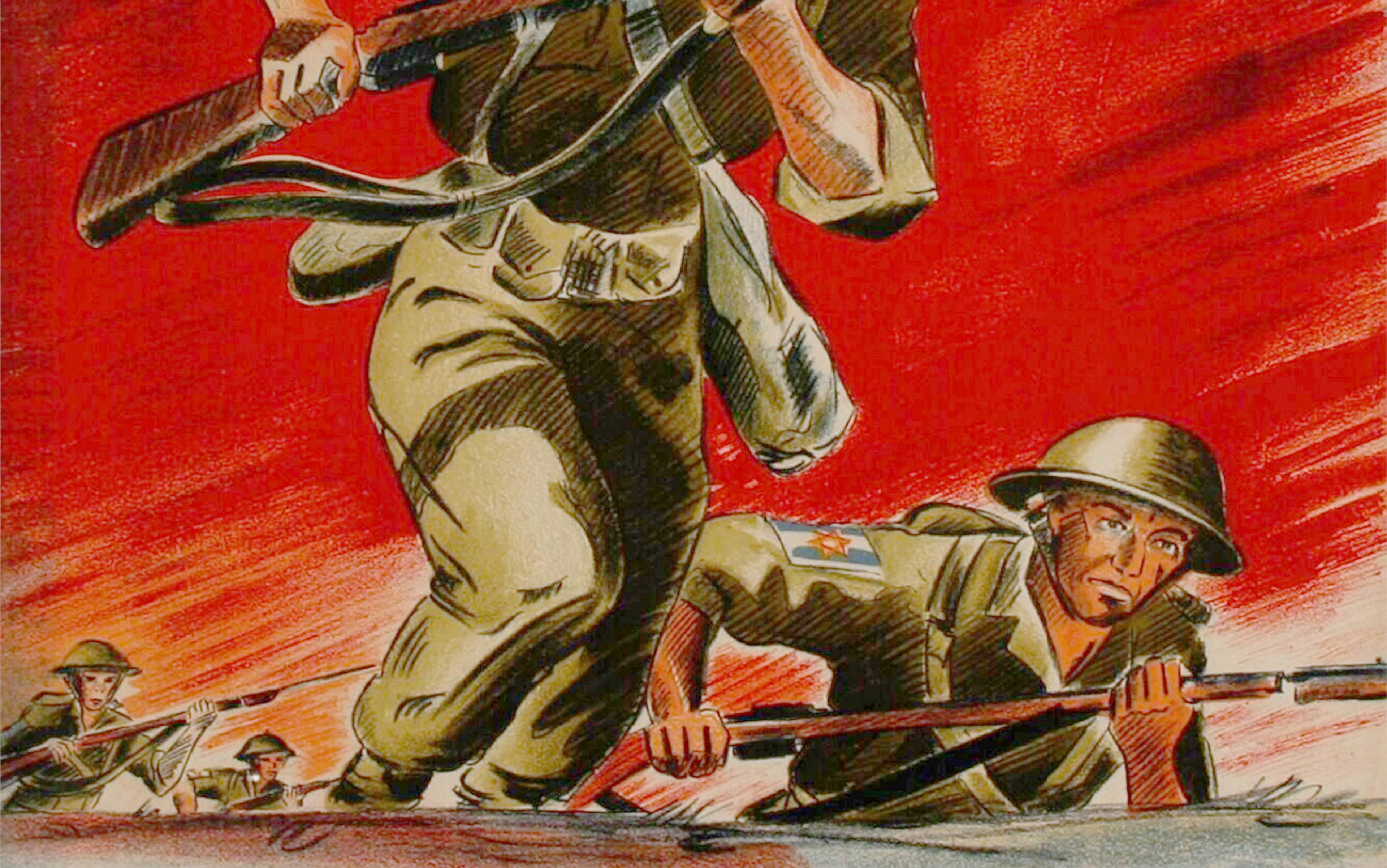 Illustration of soldiers in action, with one leading the charge and another crawling forward. Both wear military uniforms with helmets and carry rifles. The background is a vibrant red, enhancing the sense of urgency and movement.