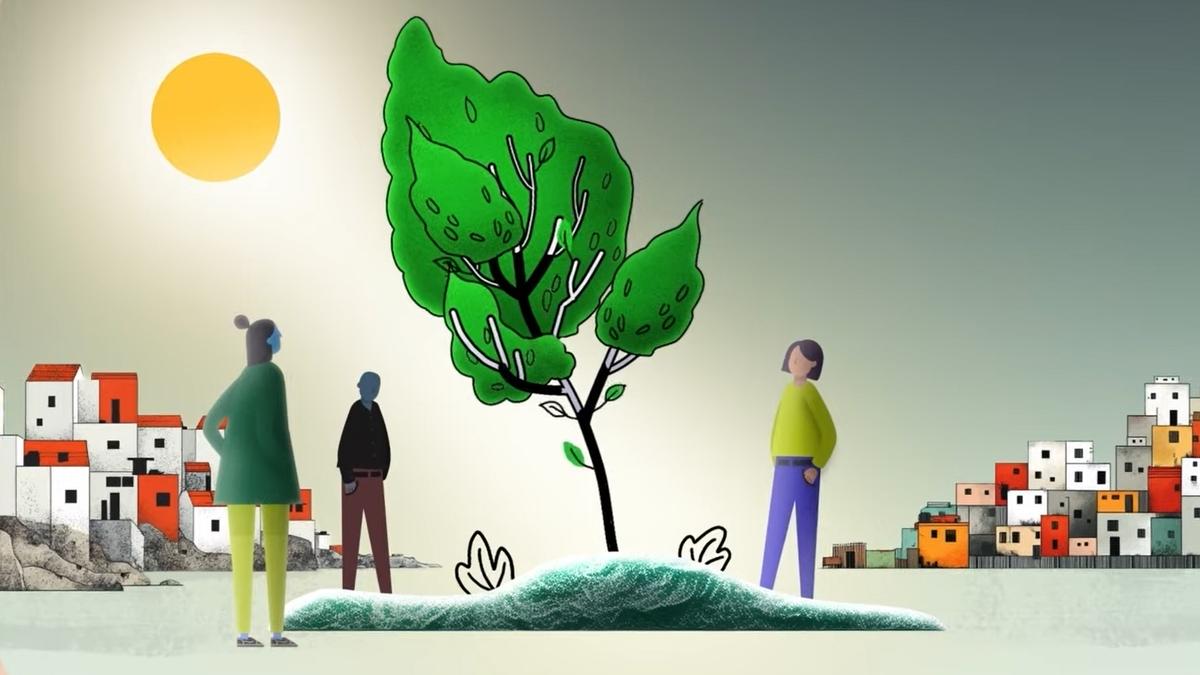 Illustration of people around a stylised tree under the sun with colourful buildings in the background.
