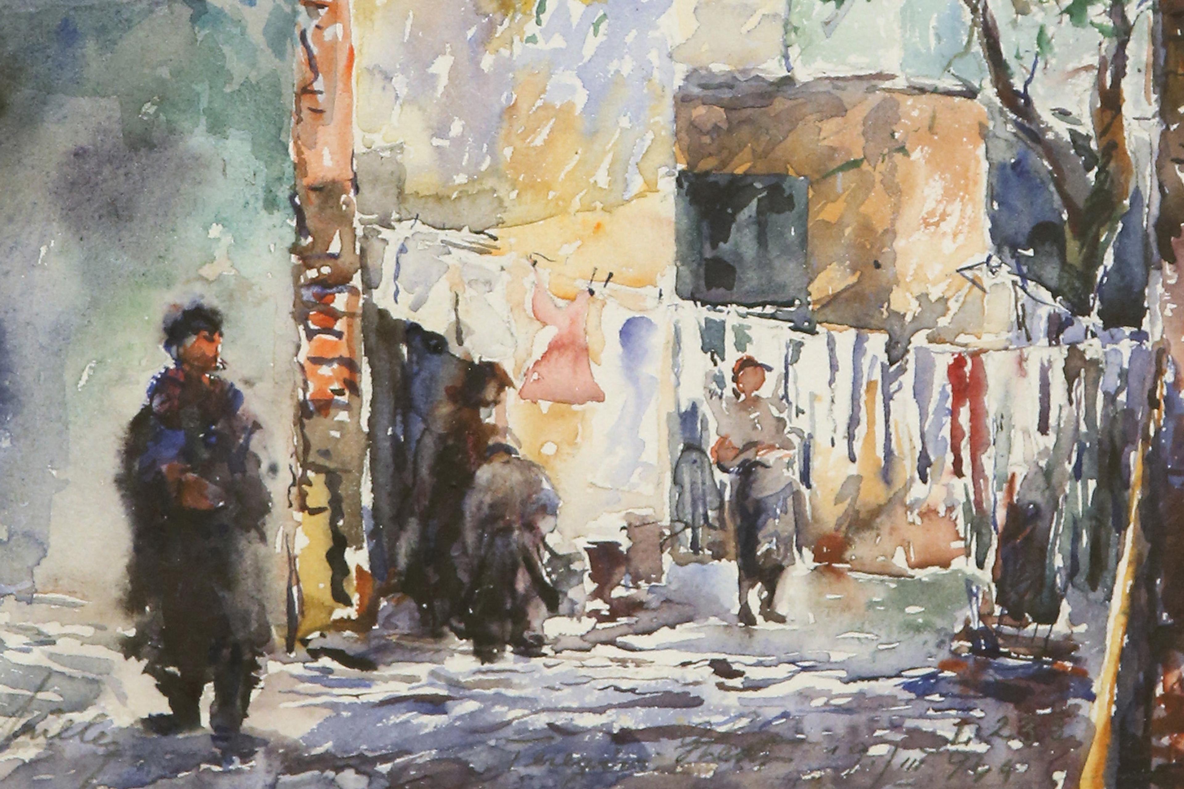 Watercolour painting depicting people in an alley with laundry hanging on a line. Sombre palette.