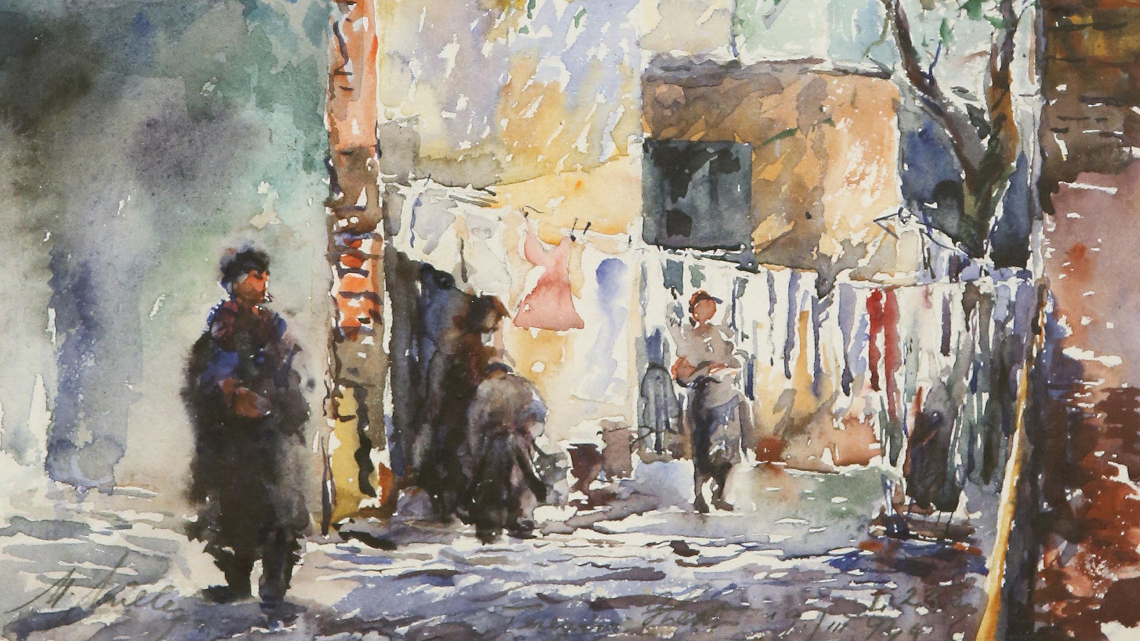 Watercolour painting depicting people in an alley with laundry hanging on a line. Sombre palette.