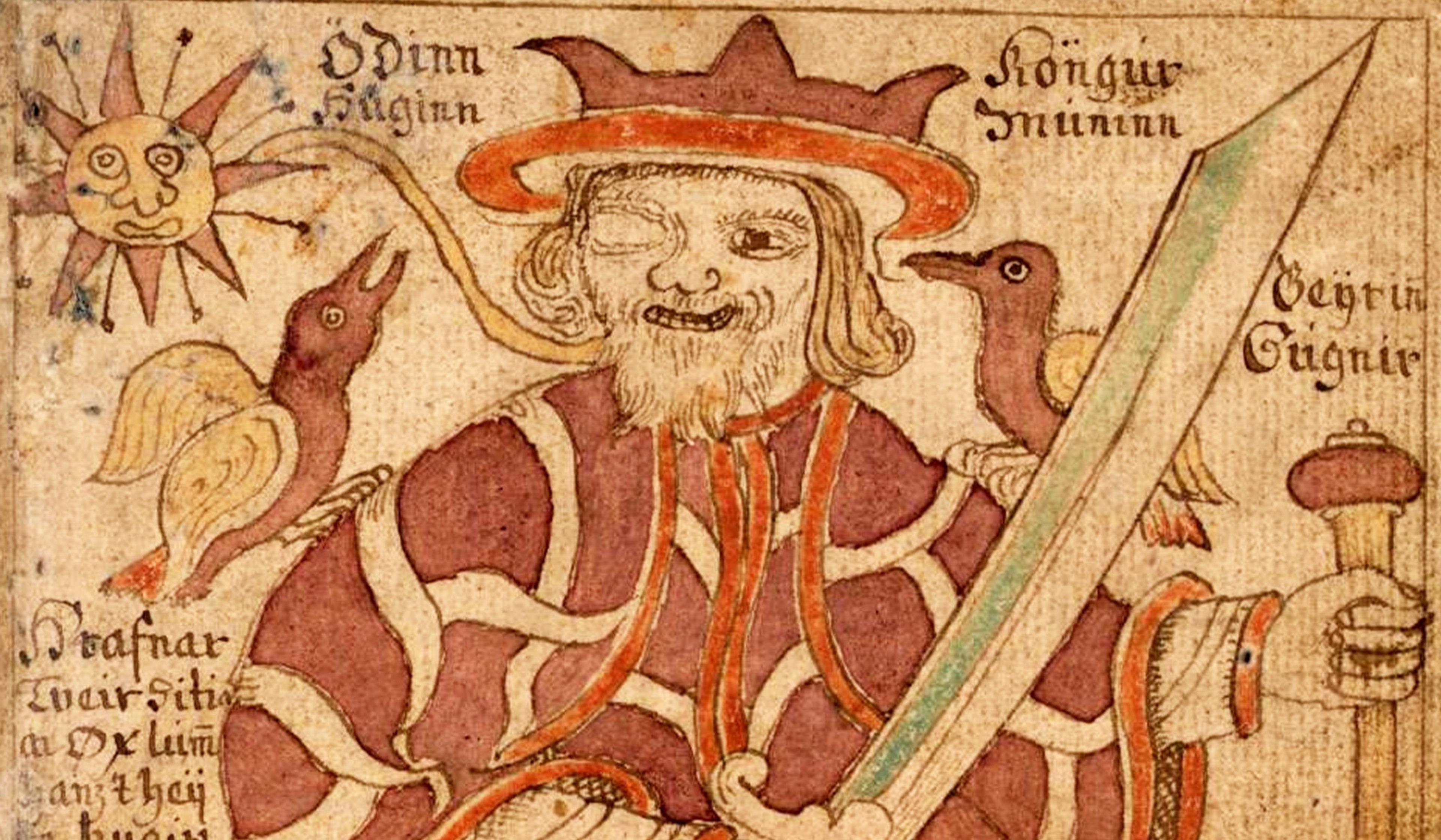 Medieval illustration of one-eyed Odin holding a sword, surrounded by two ravens and a sun with a face, with Norse text above and around the figure.
