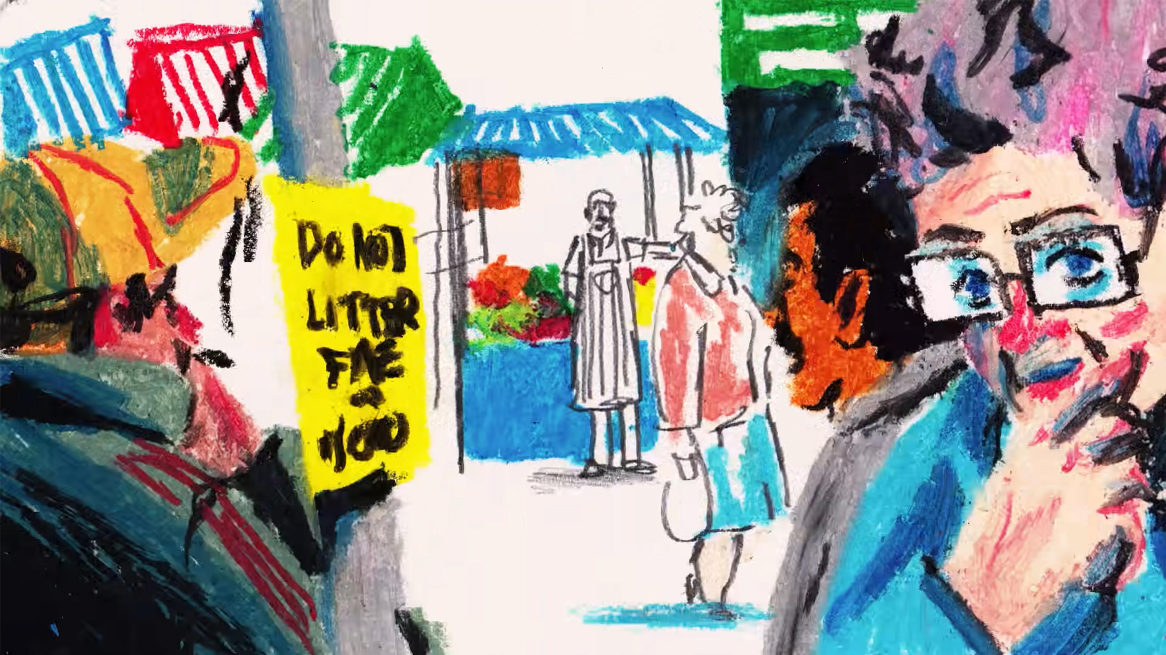 Colourful hand-drawn illustration of a market scene. Prominent figures include a man in a hat and a woman with glasses. Background shows fruit stall and vendor. A yellow sign reads “DO NOT LITTER”. The atmosphere is busy and vibrant with vibrant colours used throughout the artwork.