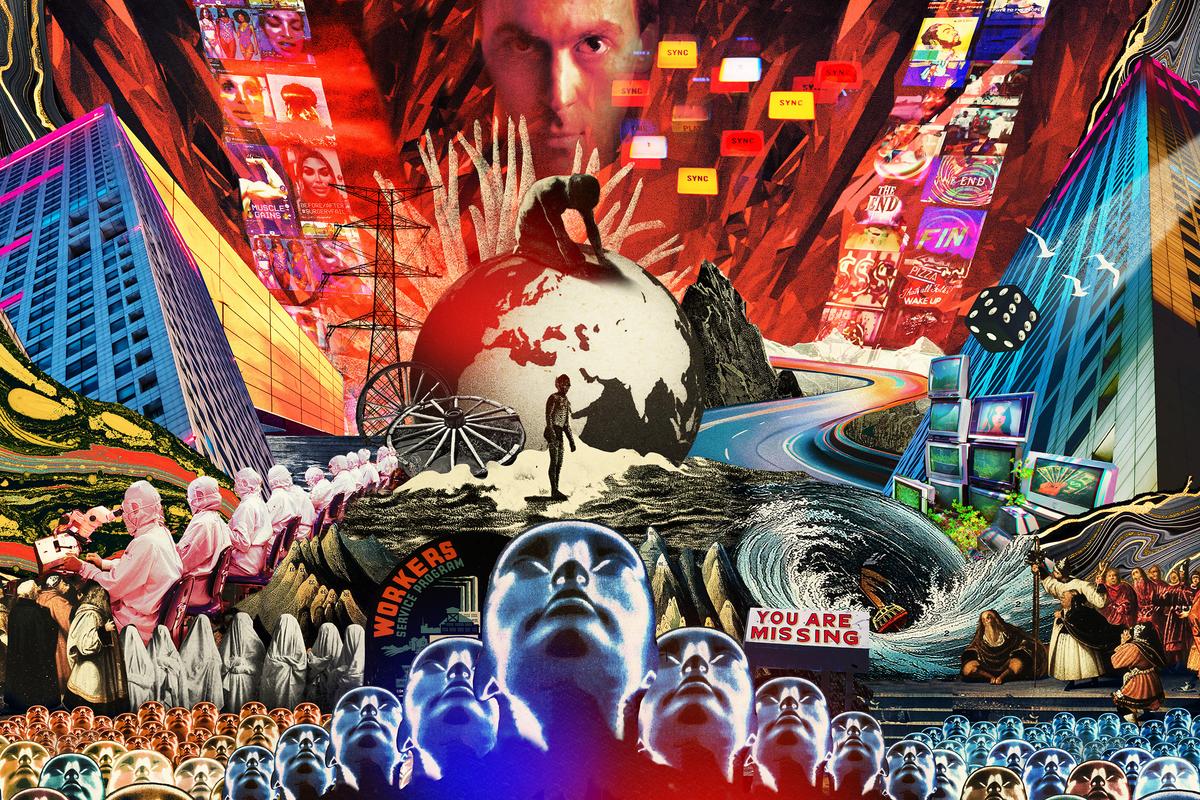 Surreal digital collage artwork of a chaotic, dystopian scene, including a figure kneeling atop a globe surrounded skyscrapers, androids, screens and other natural and technological elements.