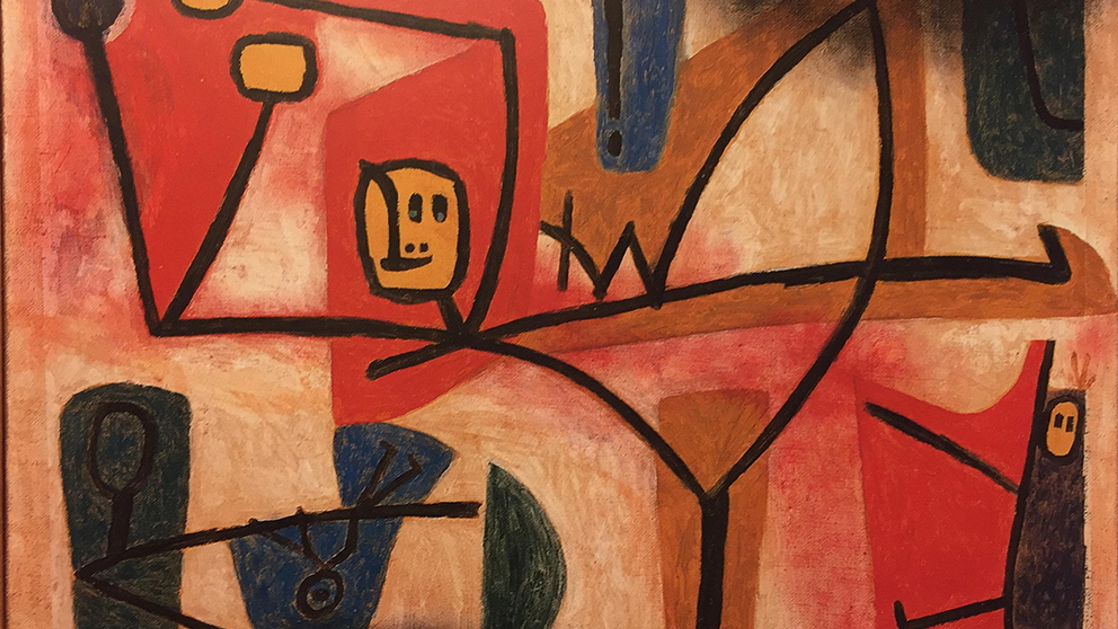 Abstract painting featuring bold black lines, geometric shapes, and colourful forms in red, blue, and earth tones.