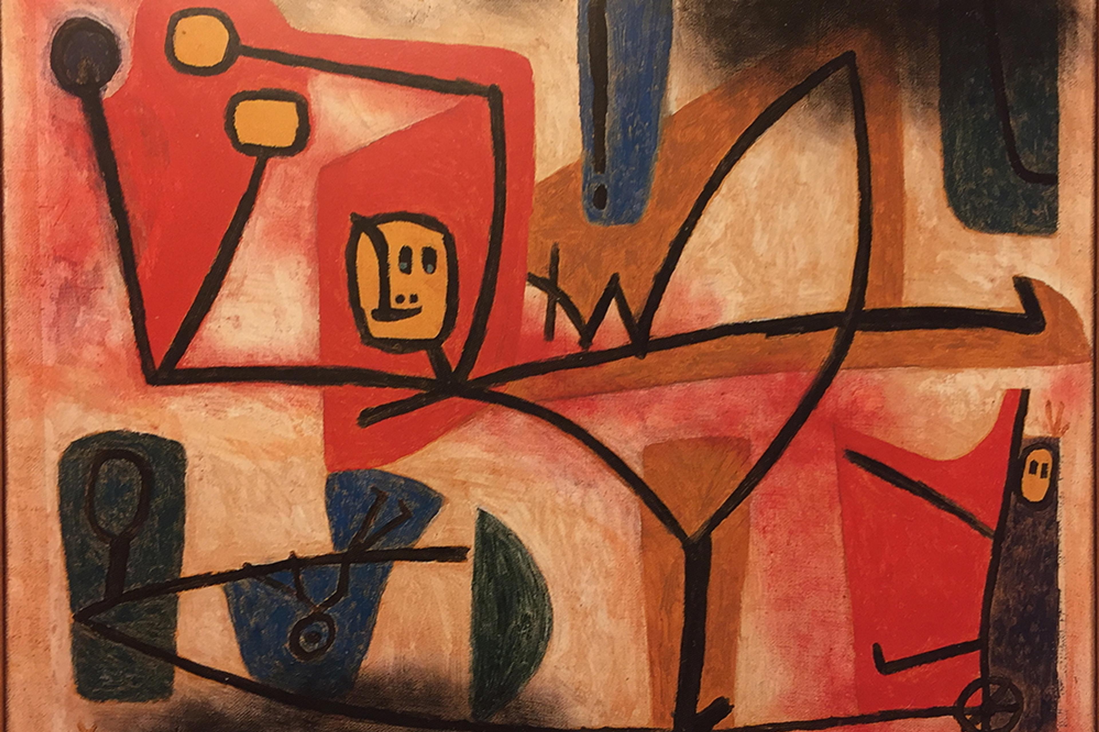 Abstract painting featuring bold black lines, geometric shapes, and colourful forms in red, blue, and earth tones.