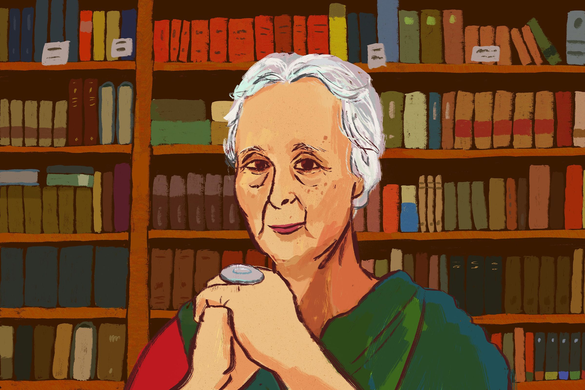 Illustration of an older woman with white hair in front of bookshelves, hands clasped, wearing a green and red top.