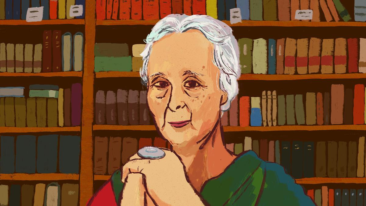 Illustration of an older woman with white hair in front of bookshelves, hands clasped, wearing a green and red top.