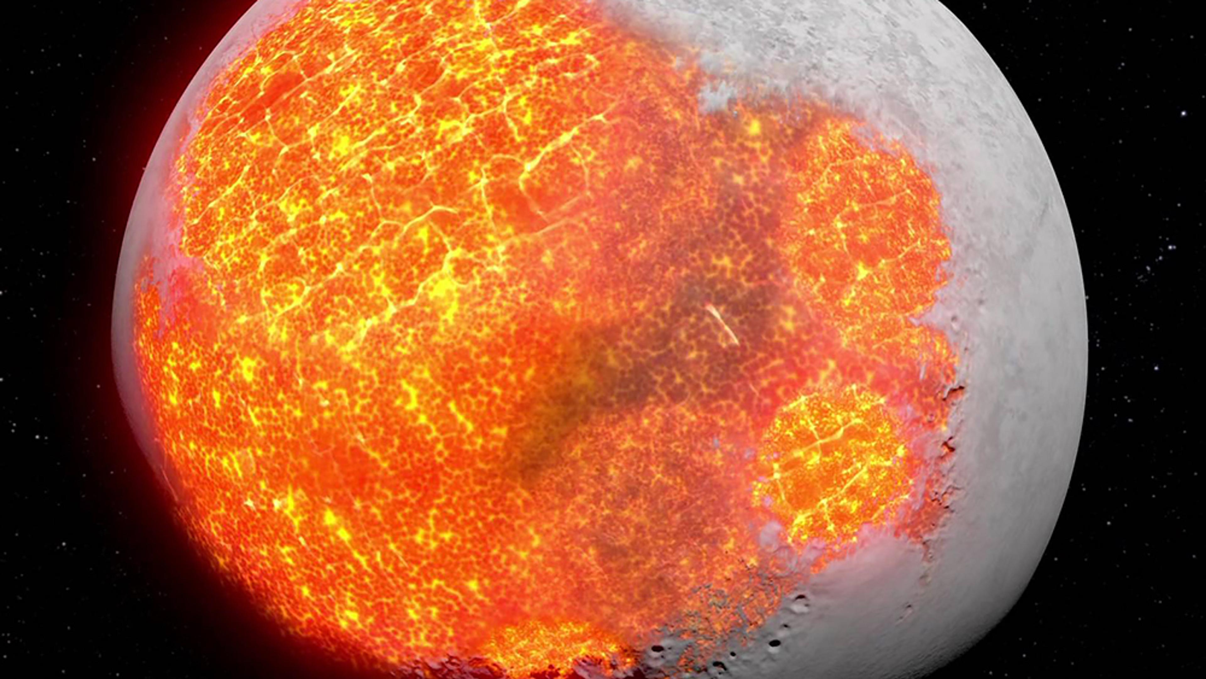 A digital artwork of the Moon partially molten, with fiery orange lava glowing on one side against a starry black background.
