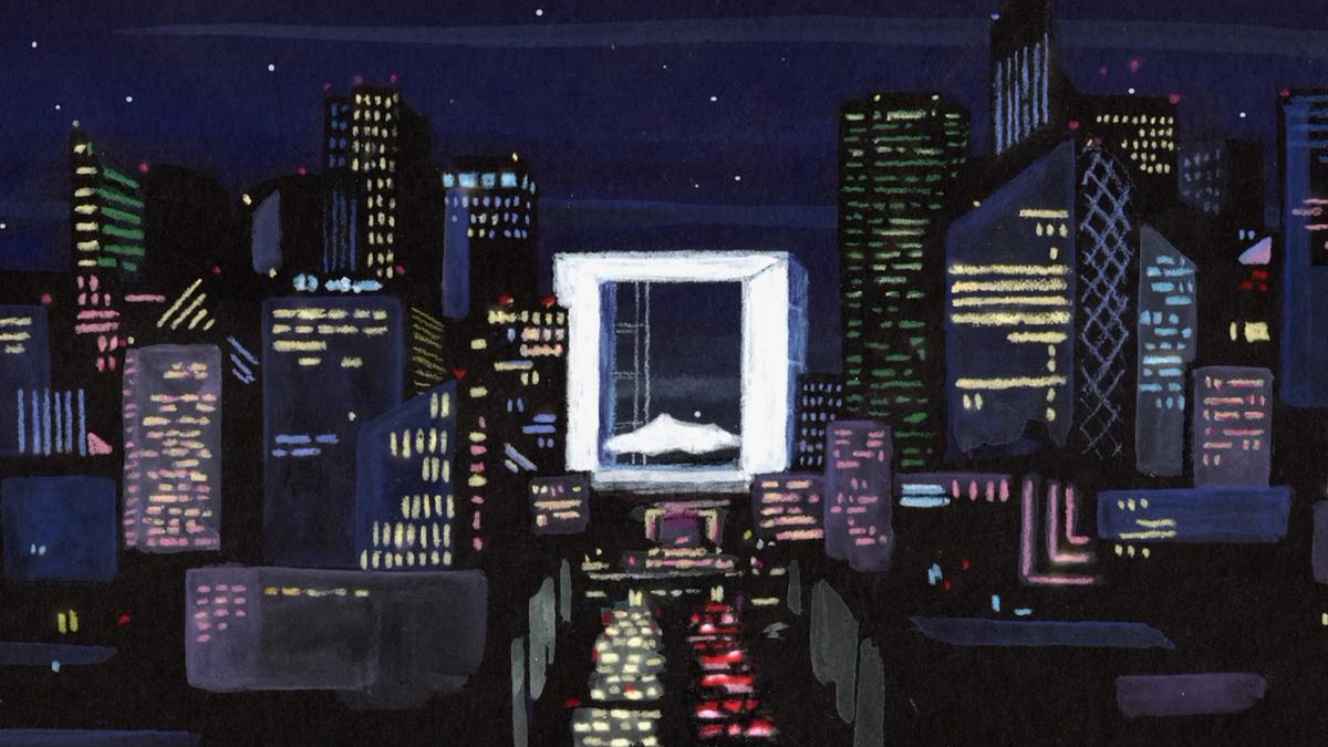 Painting of a cityscape at night with brightly lit skyscrapers and a large square frame structure in the centre.