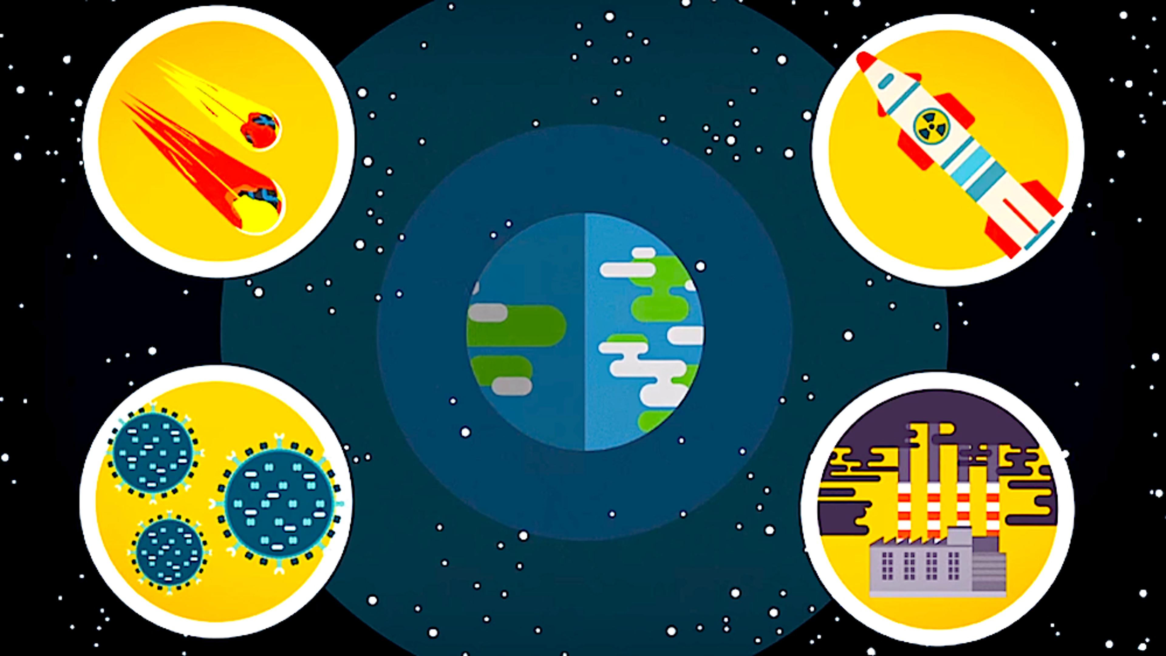Illustration of Earth surrounded by asteroids, viruses, a rocket with a radiation symbol, and factories emitting smoke against a space background.
