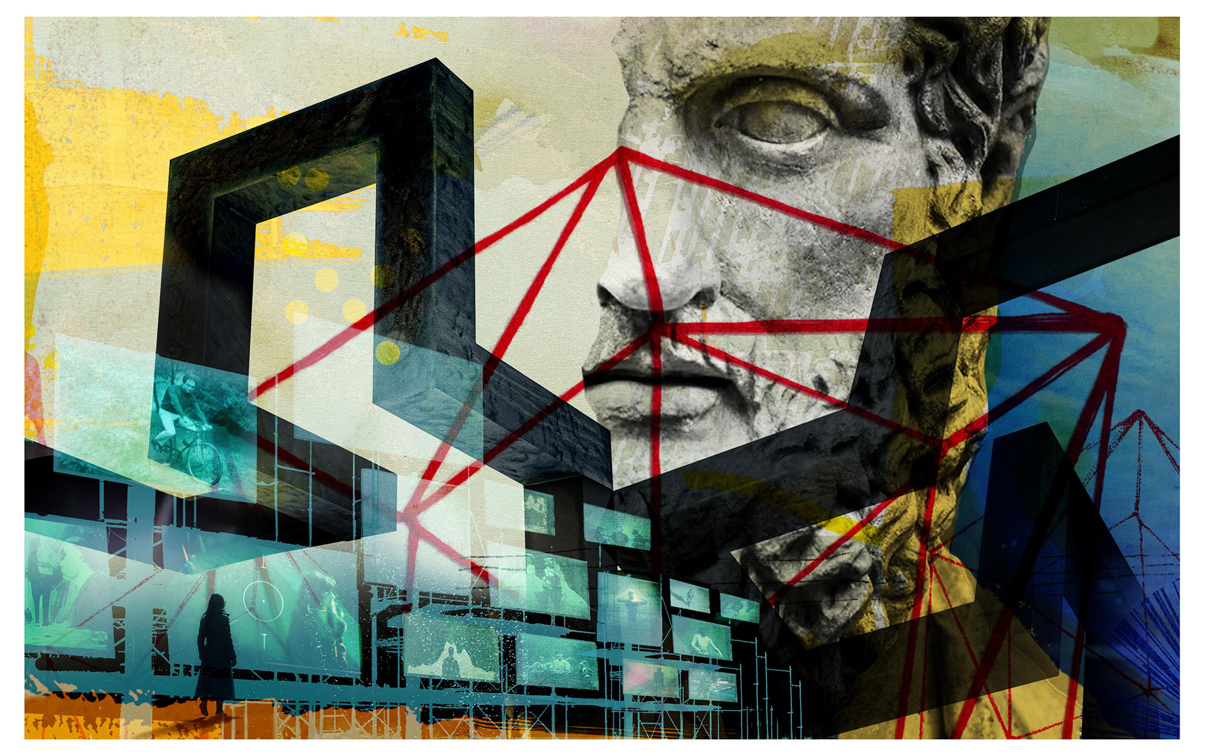 Abstract digital collage with classical statue overlayed by red lines, geometric shapes and layered images on a textured background.