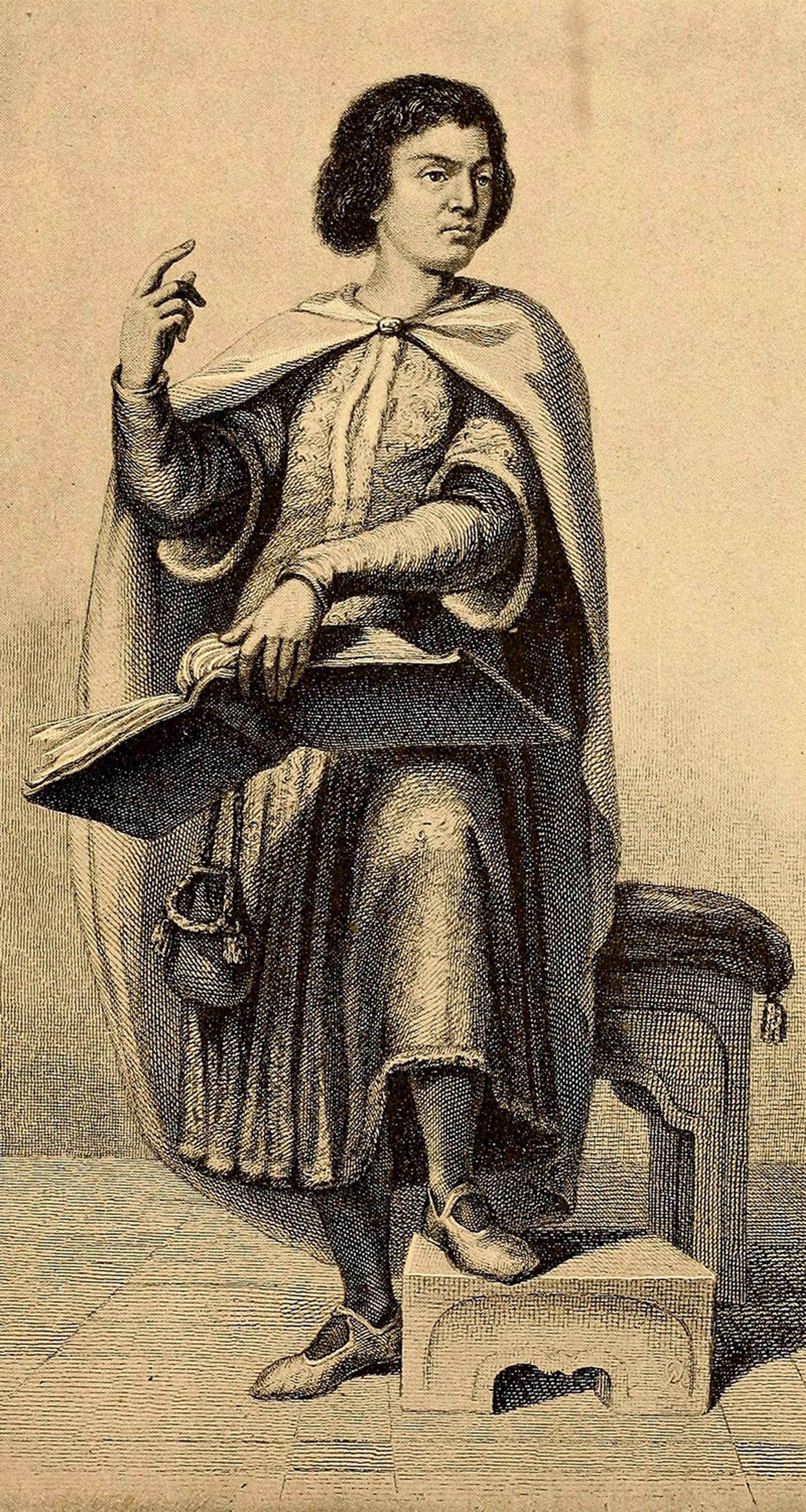 An etching of a historical figure in robes with one foot on a block, holding an open book and gesturing with his hand.
