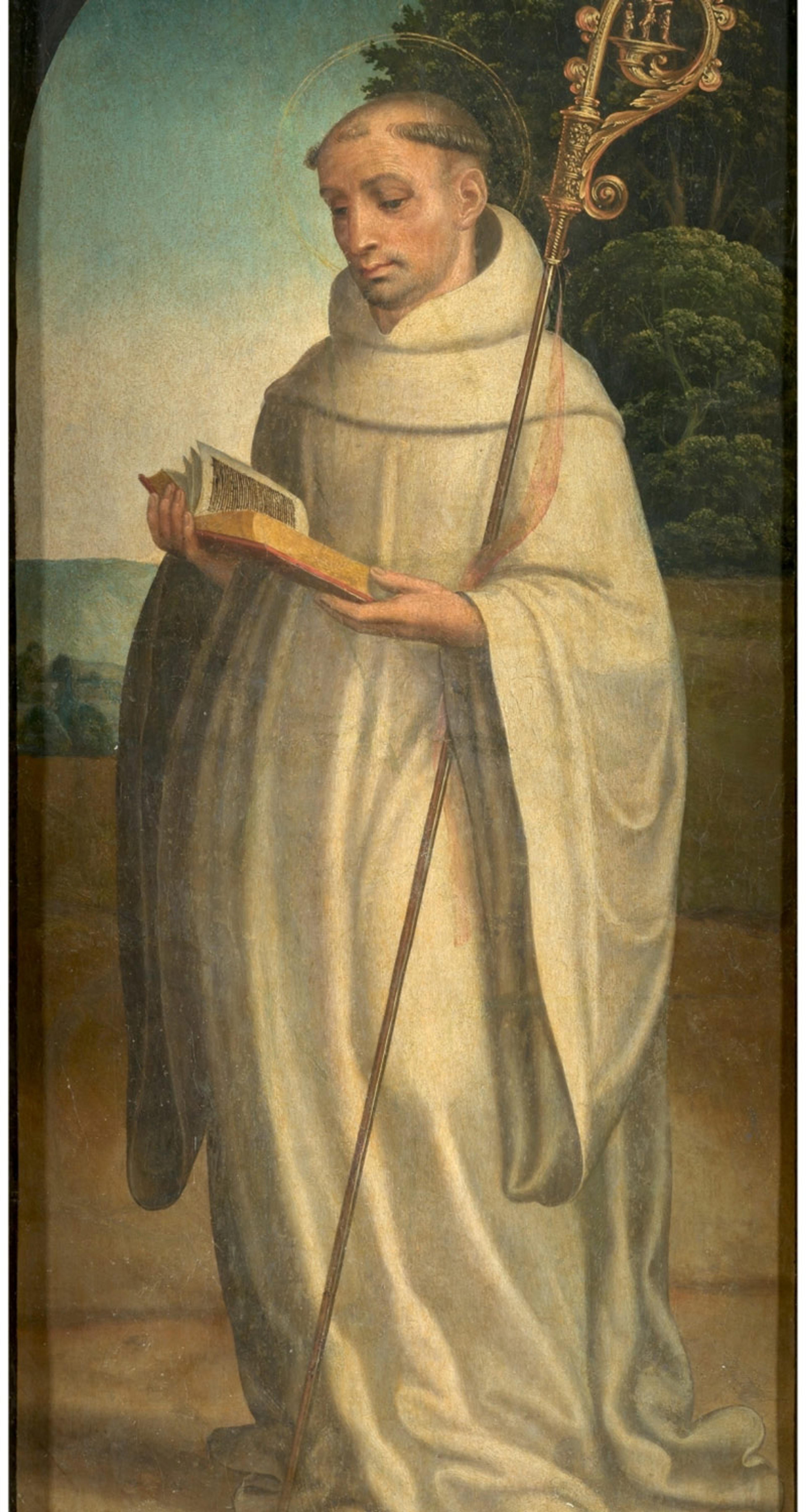 Painting of a monk in white robes holding a book and a staff, with a halo around his head, standing in an outdoor setting.