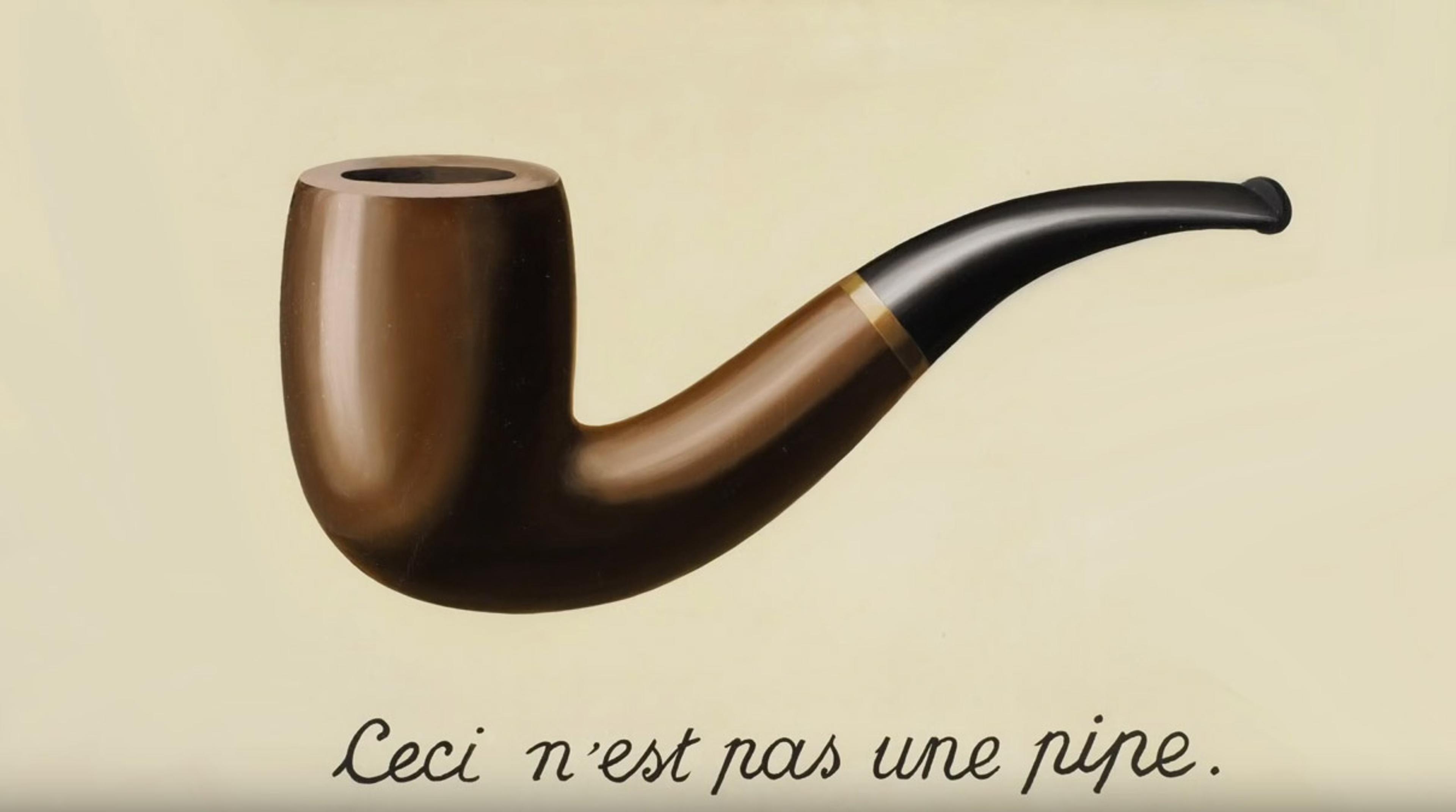Painting of a brown pipe with a black stem on a beige background and the French text “Ceci n’est pas une pipe” below it.