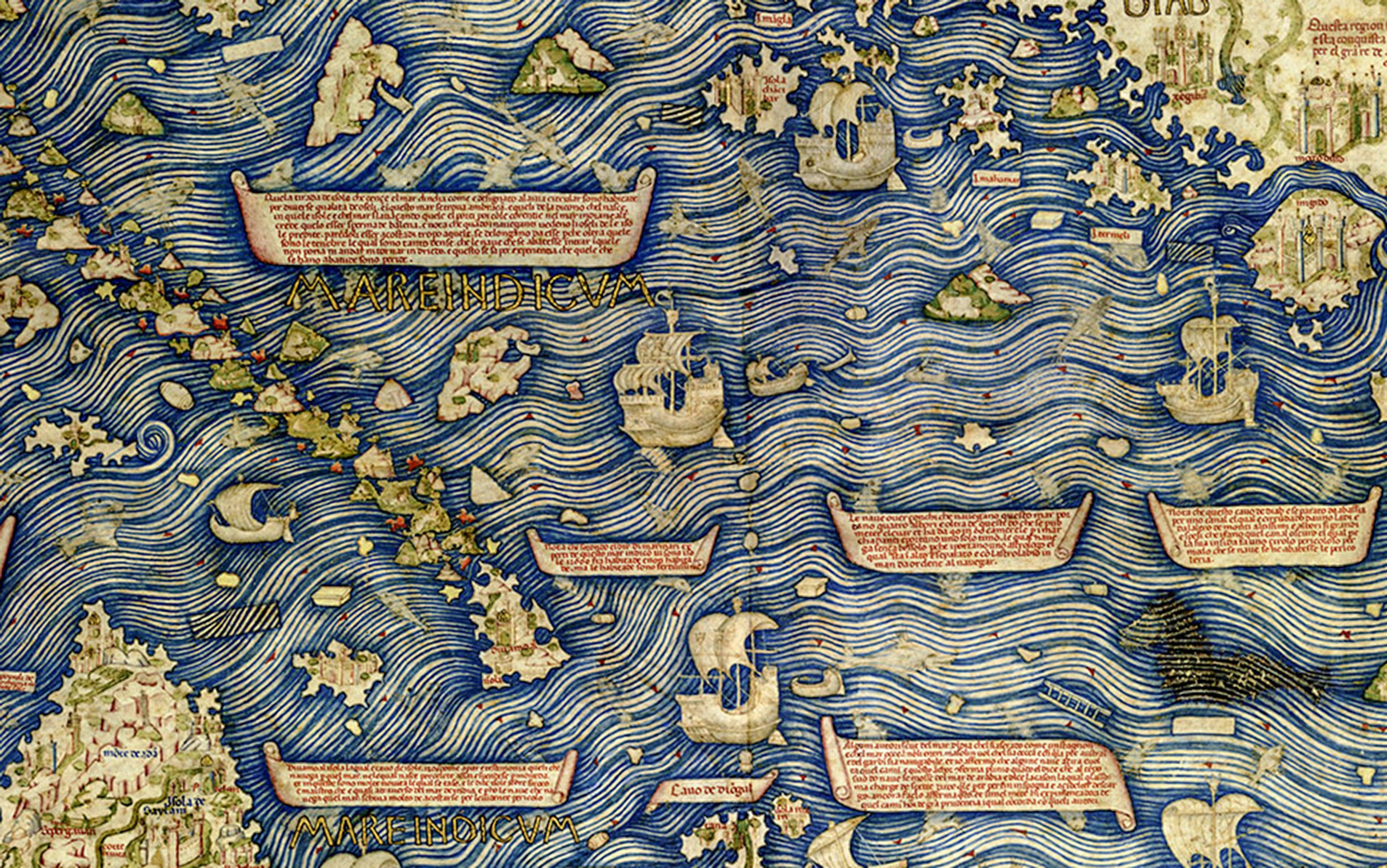 Medieval illustration of a map, depicting ornate ships, islands and sea creatures on a stylised ocean.