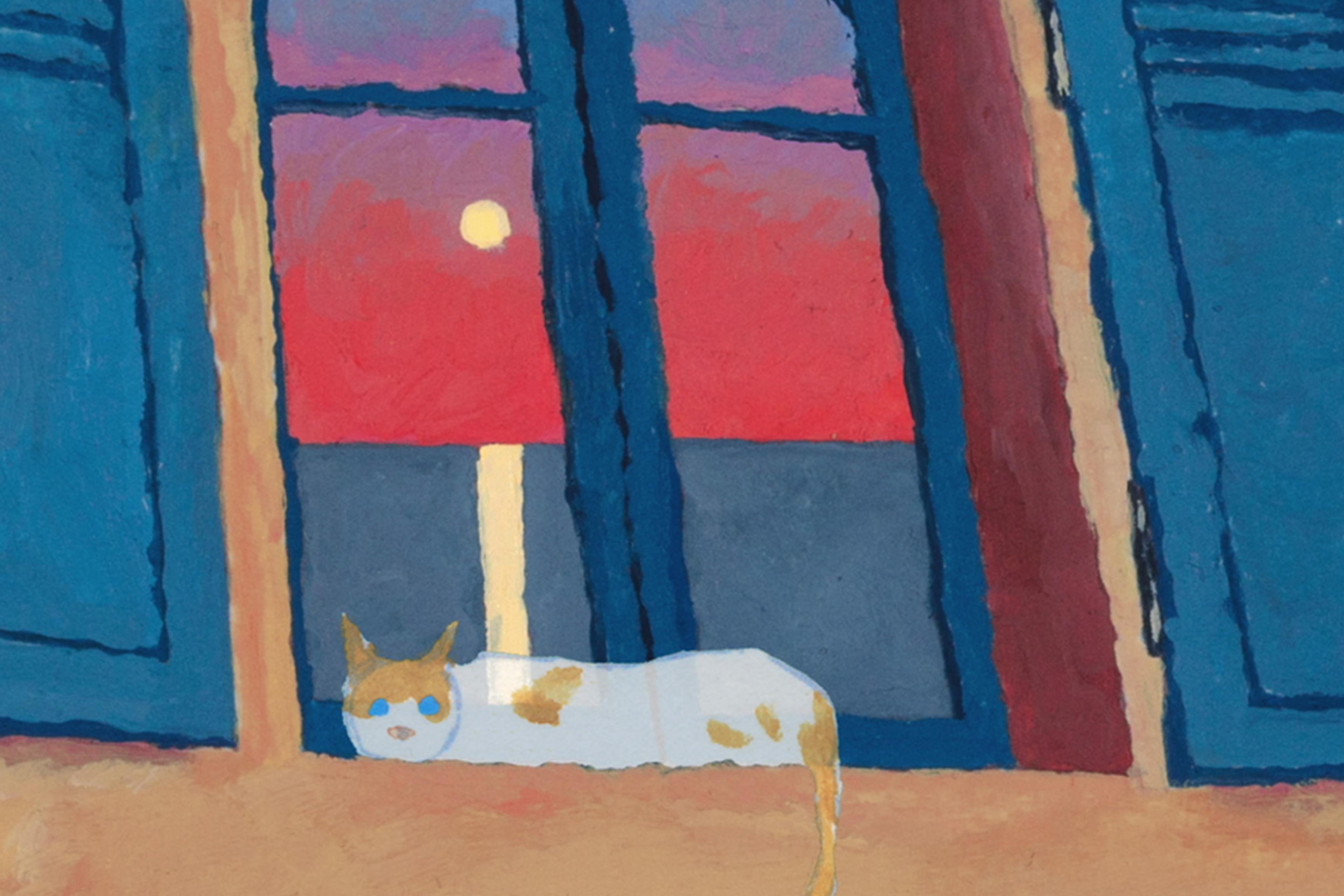 Painting of a cat lying by a window with blue shutters, with a red and purple sky with the moon in the distance