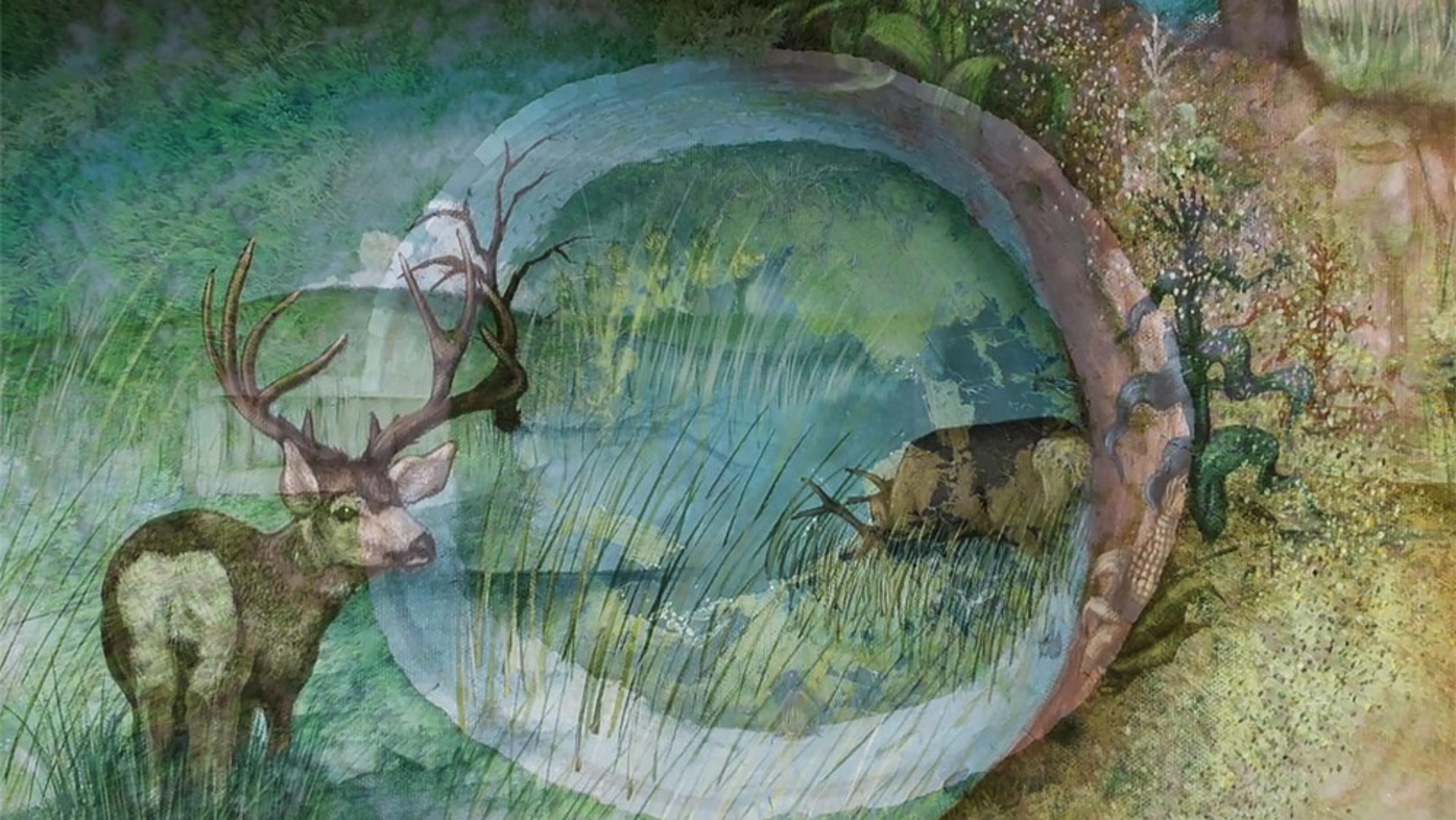 Painting of a deer surrounded by green foliage and tall grass, with an abstract circular water element blending in the background.