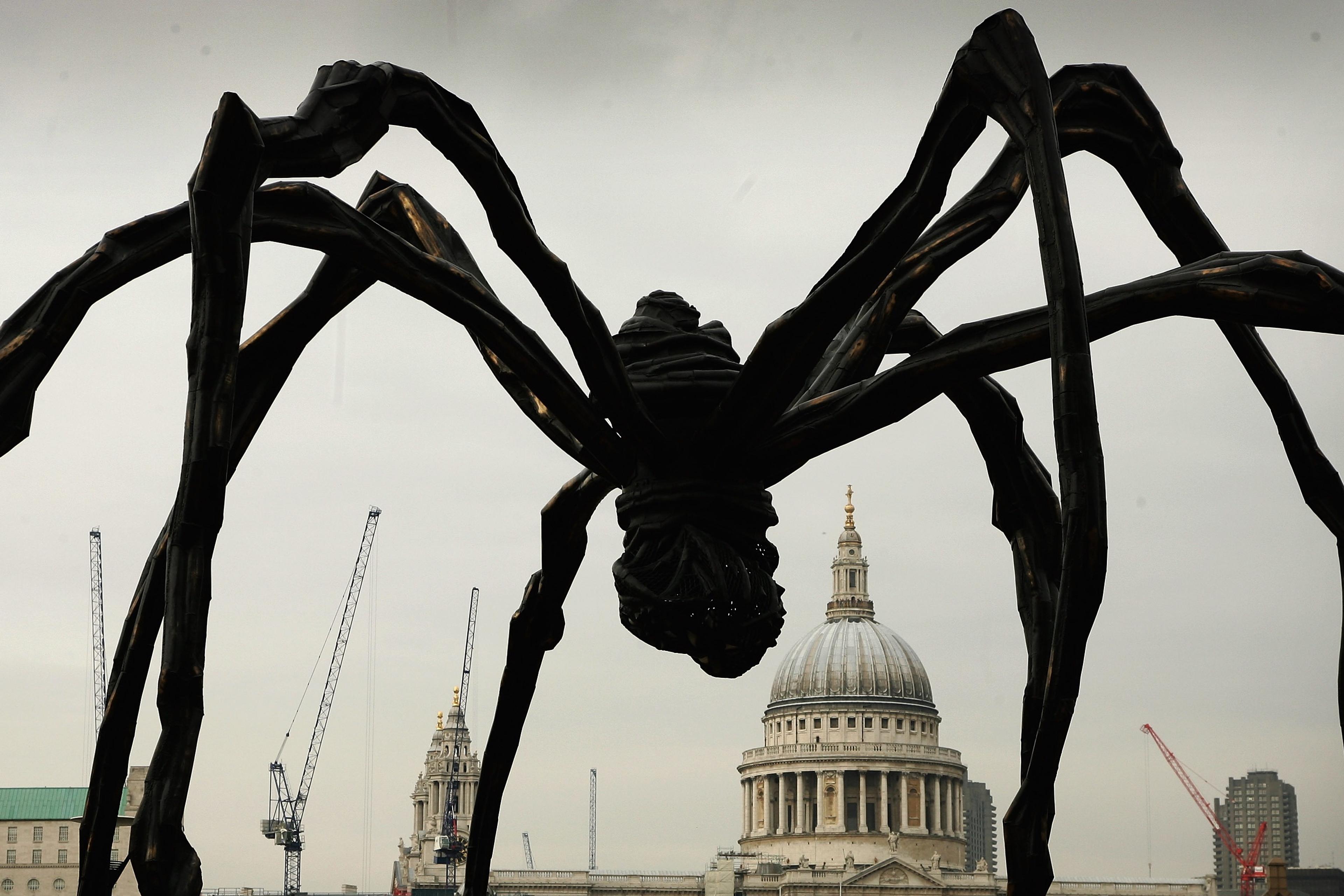 Photo of a large spider sculpture silhouetted against a city skyline with cranes and a historic building in the background.