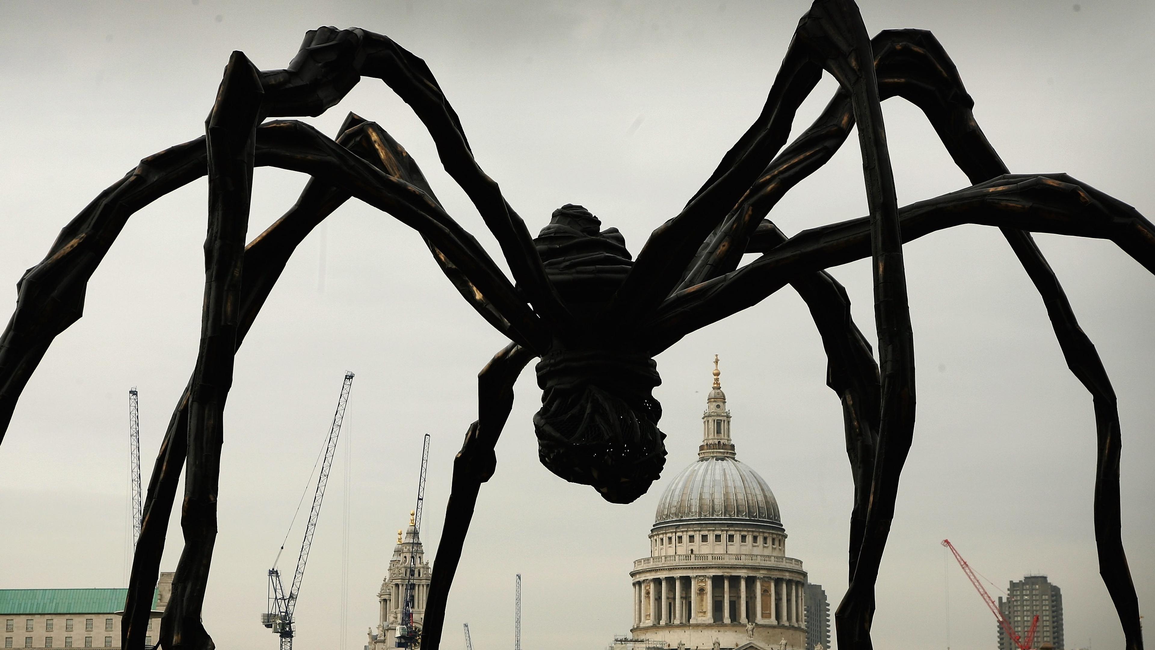 Photo of a large spider sculpture silhouetted against a city skyline with cranes and a historic building in the background.
